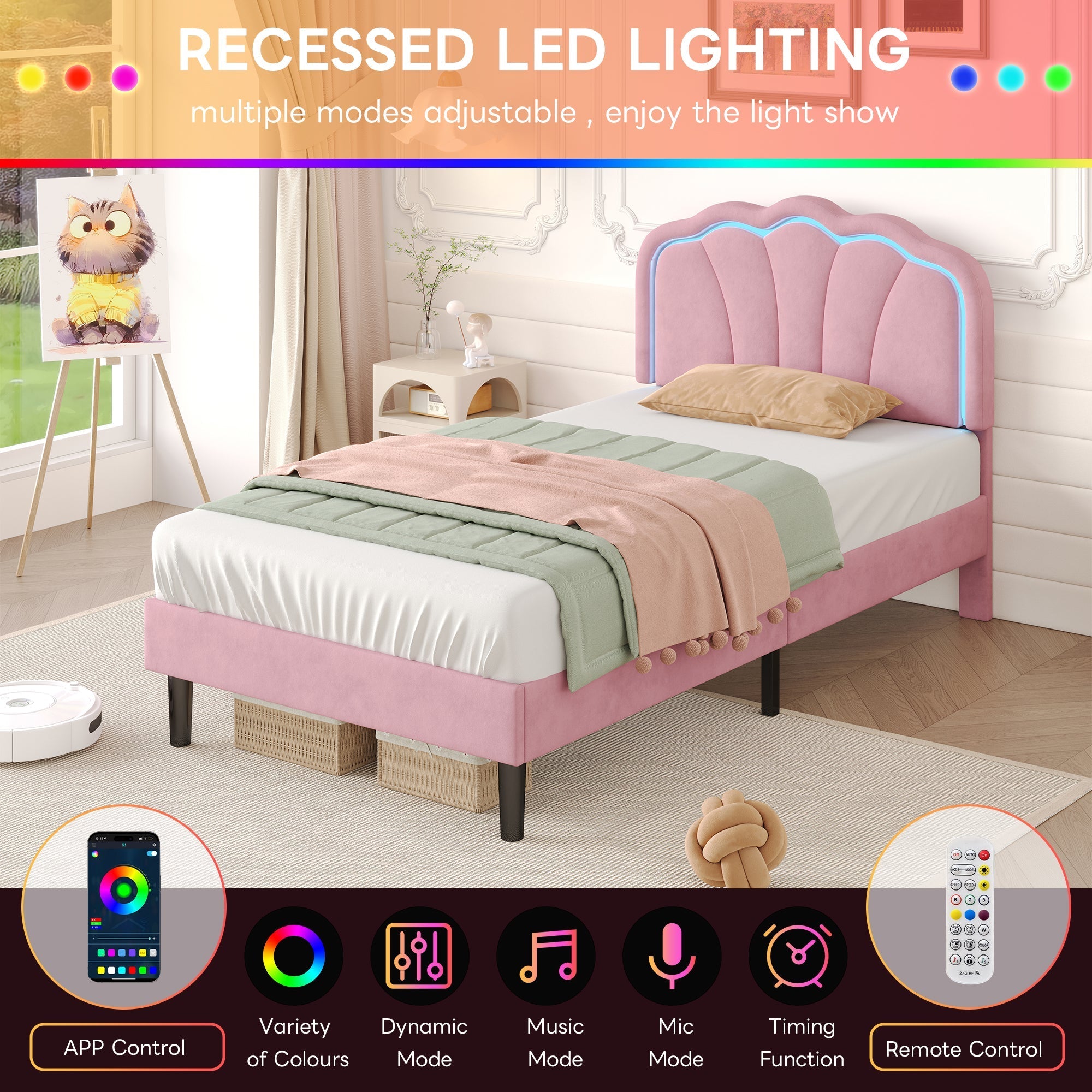 3ft Single Upholstered Bed with LED Adjustable Shell Shape Headboard, Soft Velvet, Pink