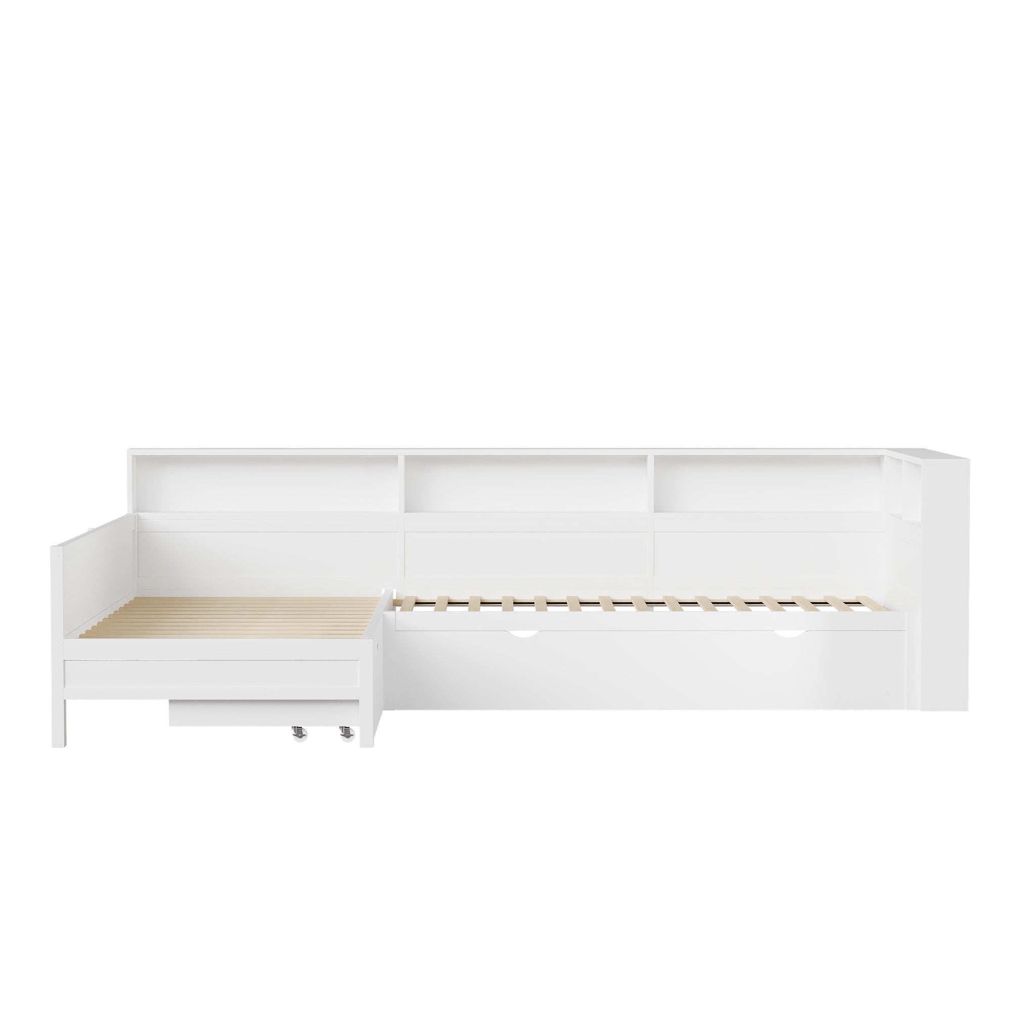 Wooden L-Shaped Platform Bed with Pull-Out Bed and Drawer, White