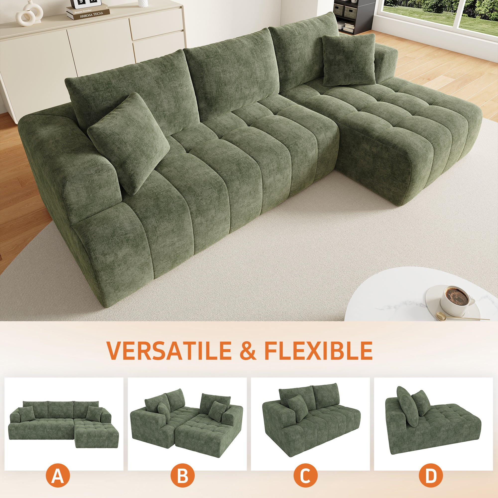 Modular L-shaped Cloud Sofa, Frameless Low-profile Design, Green Chenille Fabric