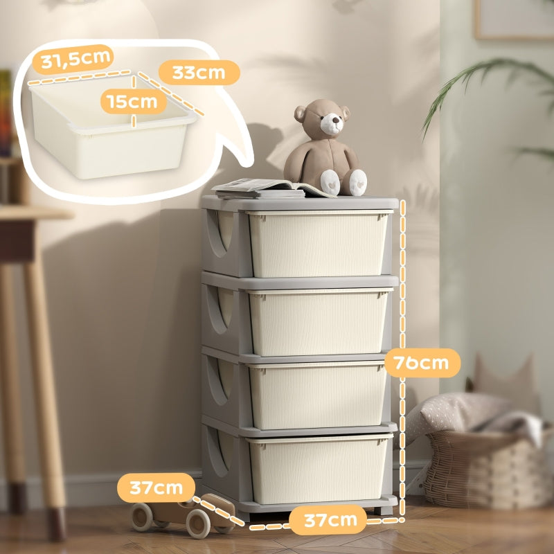 Storage Boxes 4 Large Drawers Rounded Edges 37x37x76cm - Plastic Cream White
