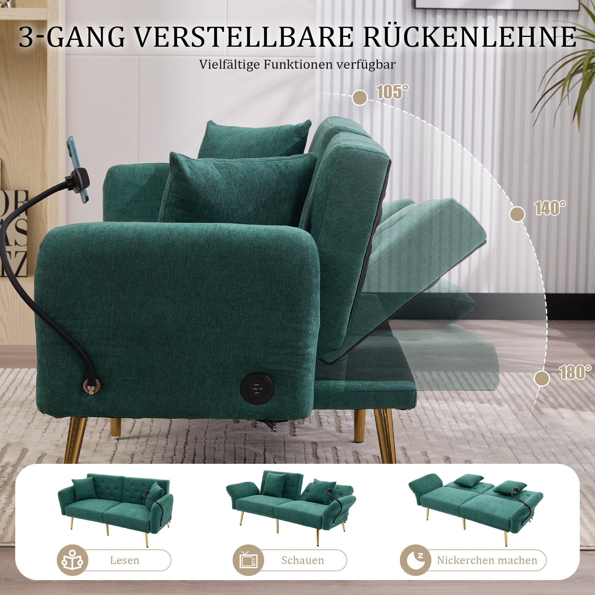 Sofa Bed, Multifunctional Folding with USB & Storage, Metal Legs