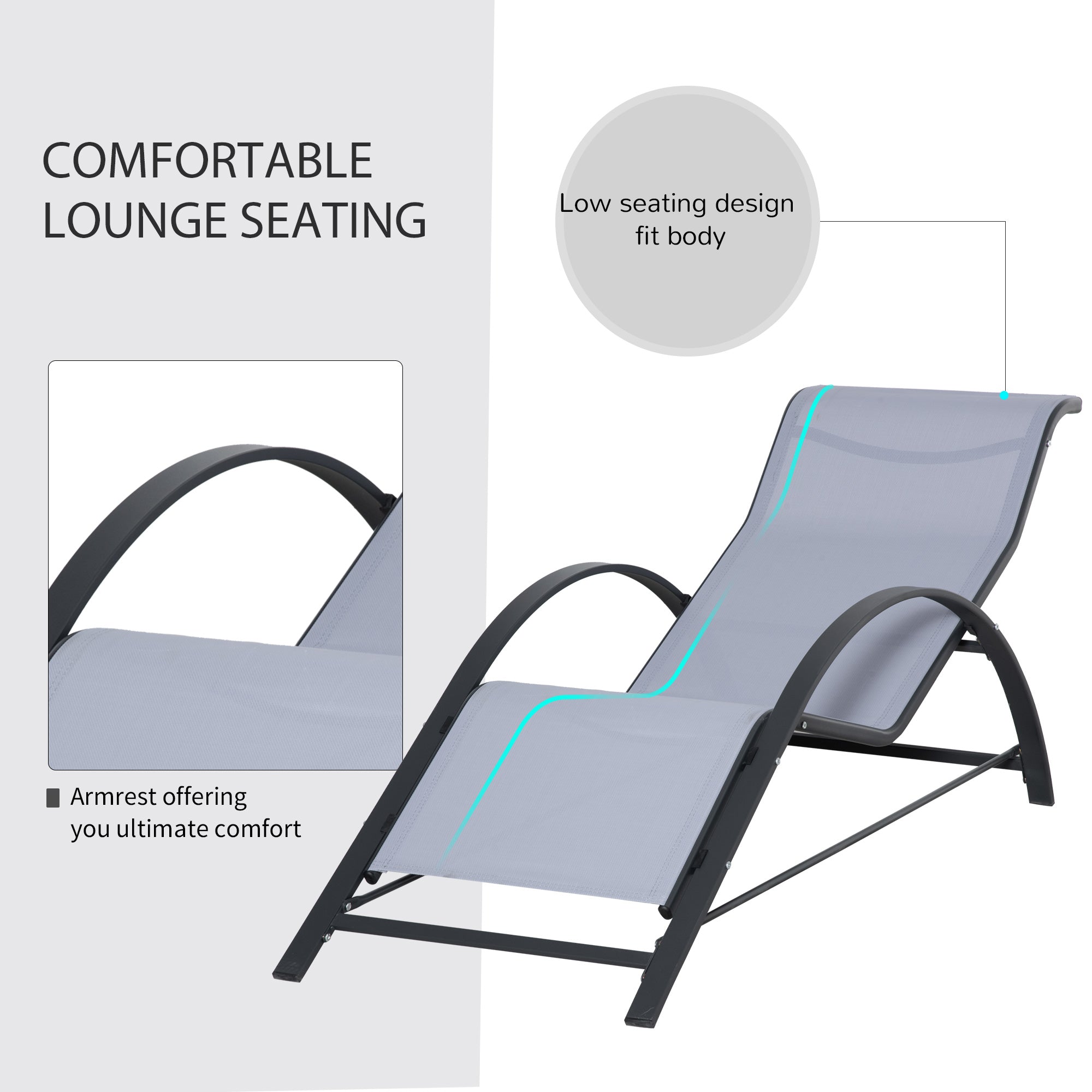 3 Pieces Lounge Chair Set Metal Frame Outdoor Recliner with Table, Light Grey