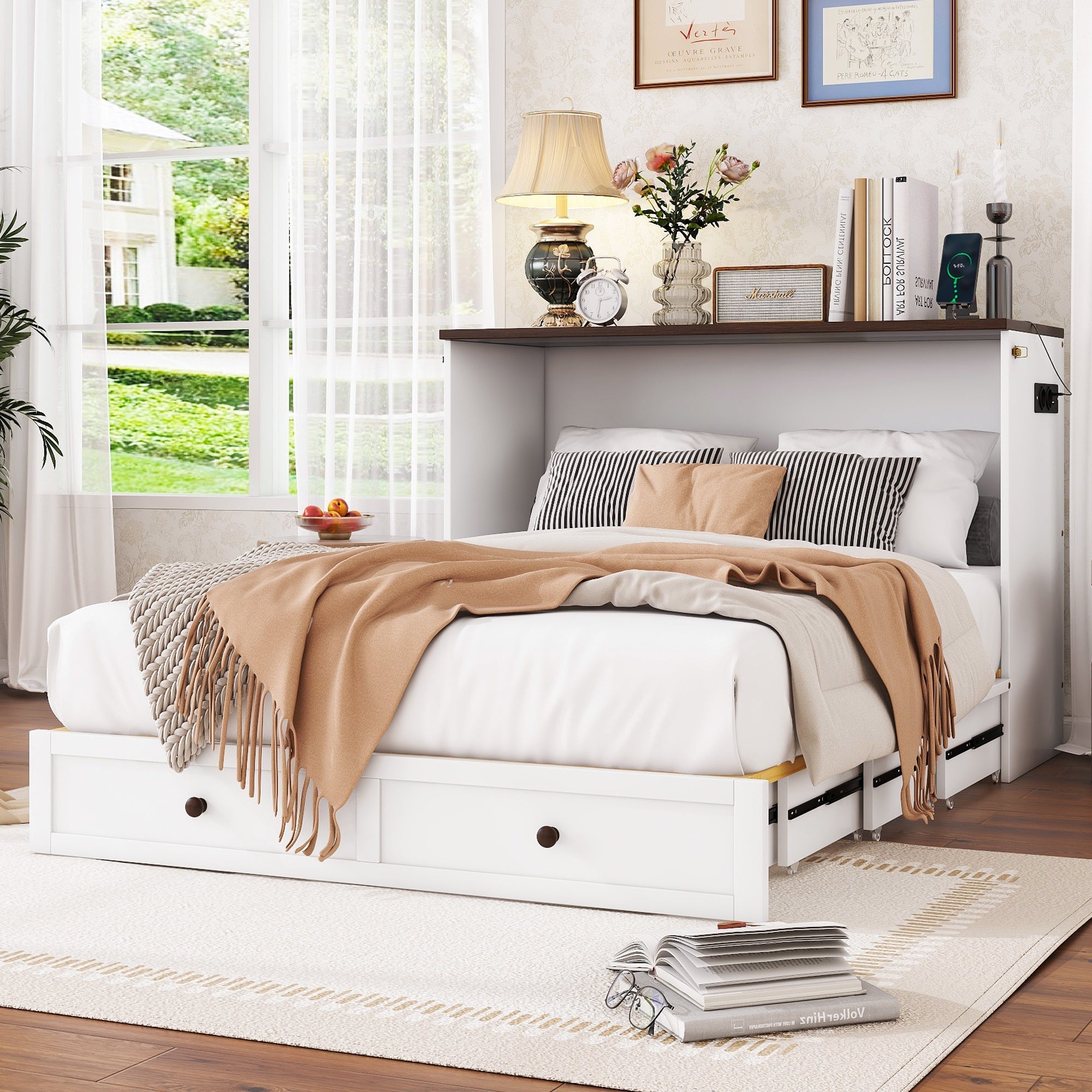 Mobile Wall Bed 140x200cm Convertible Storage Drawers Shelf USB Outlet - White