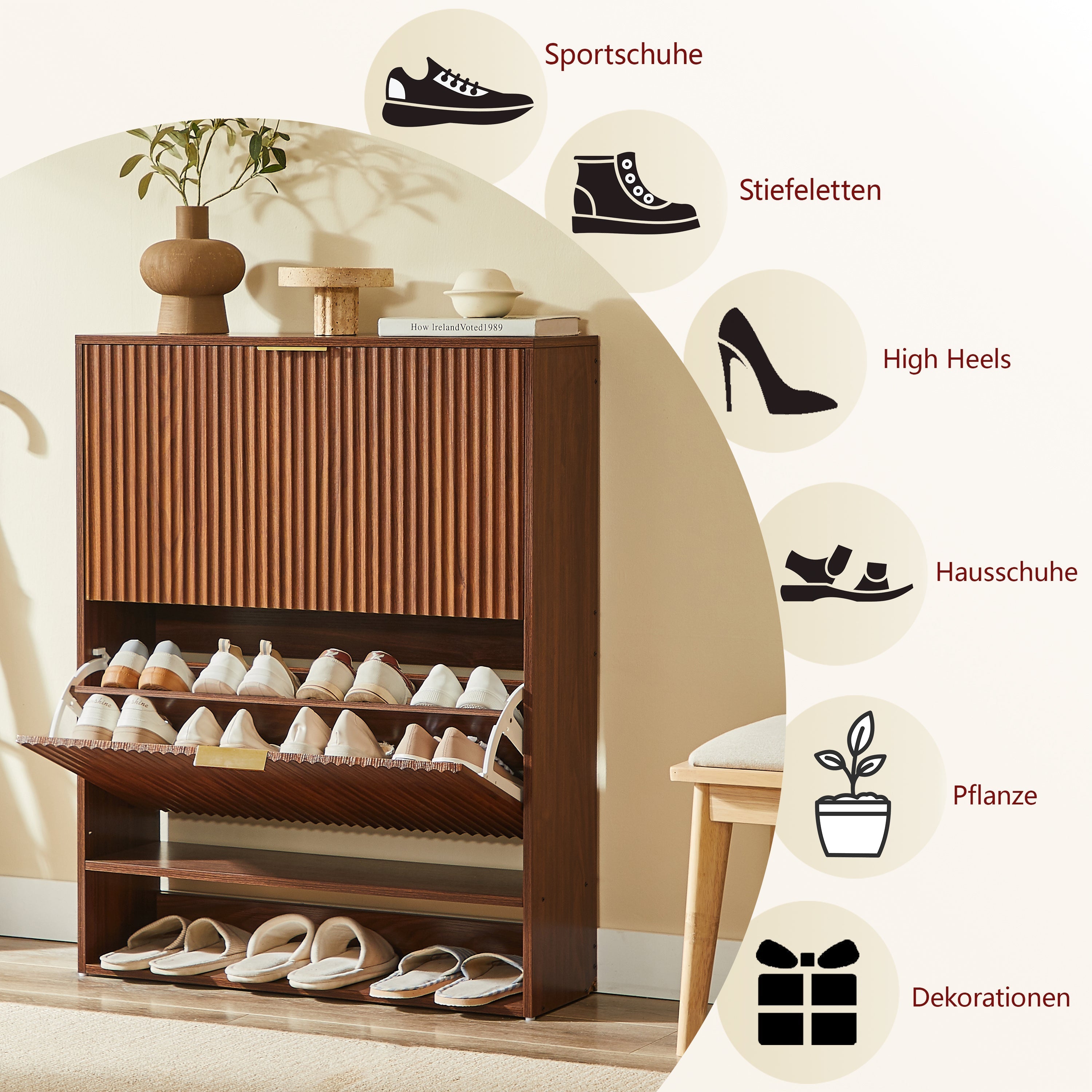 Narrow Shoe Cabinet with Grooved Front and Anti-Tip Device, Walnut Look