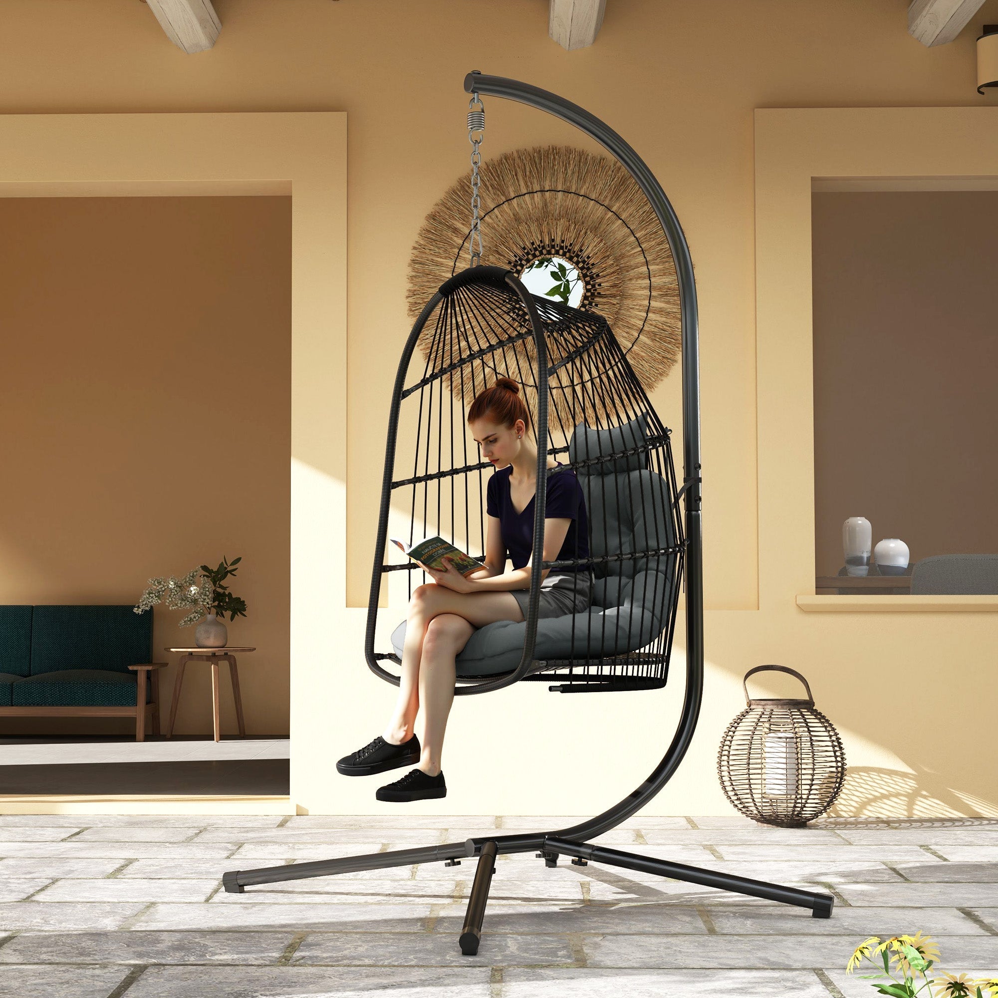 Hängesessel, klappbare Polyrattan-Schaukel, 150 kg Tragkraft, dunkelgrau