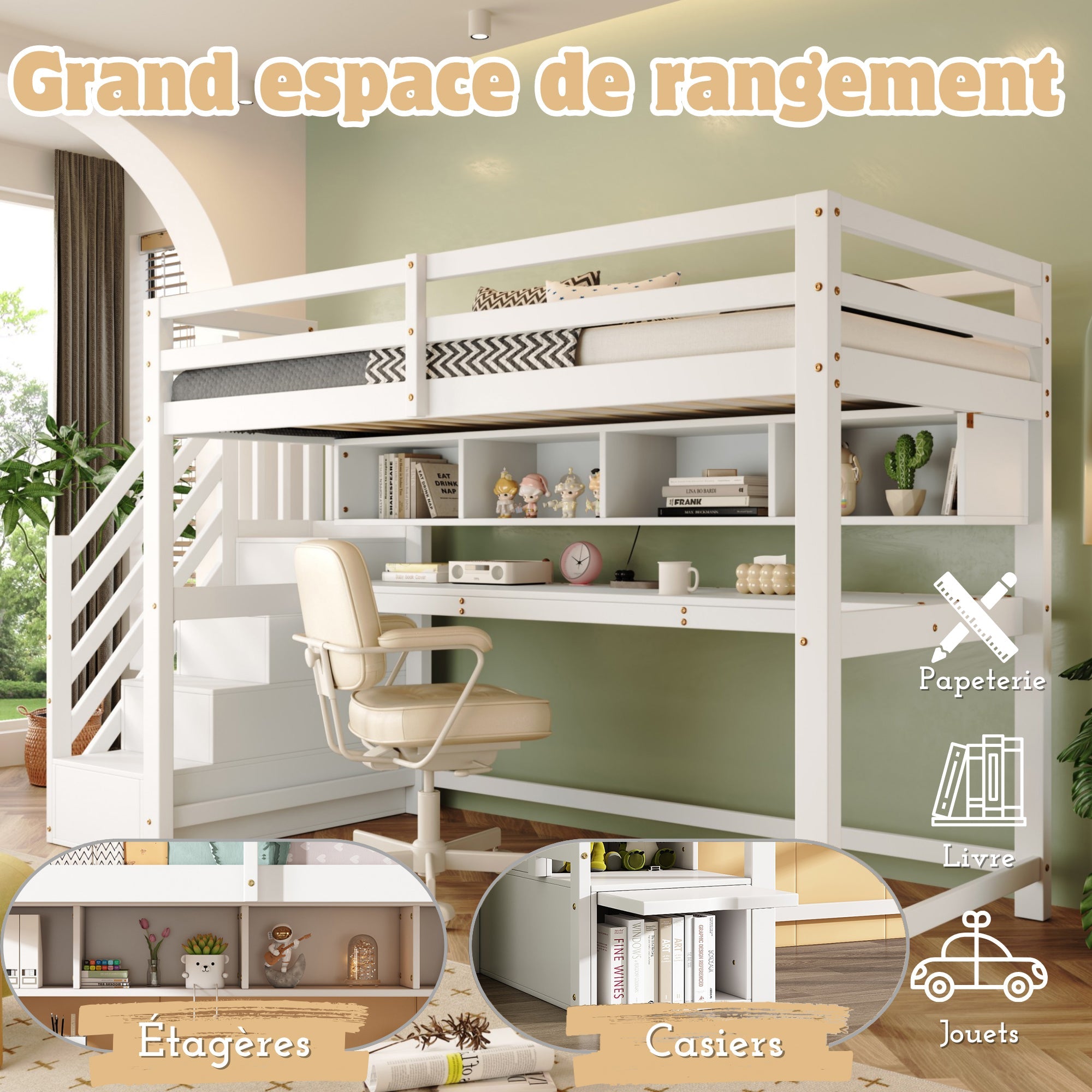 Loft Bed with Storage Stairs, Desk and Shelves, 90x200cm, White Solid Wood + MDF