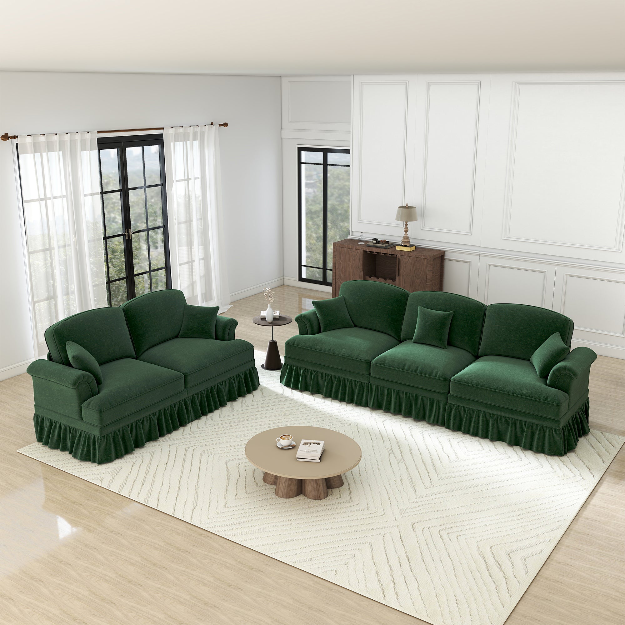 Classic 2-Piece Modular Sofa Set 3-Seater & 2-Seater Loveseat Ruffled Spindle Legs - Chenille Green
