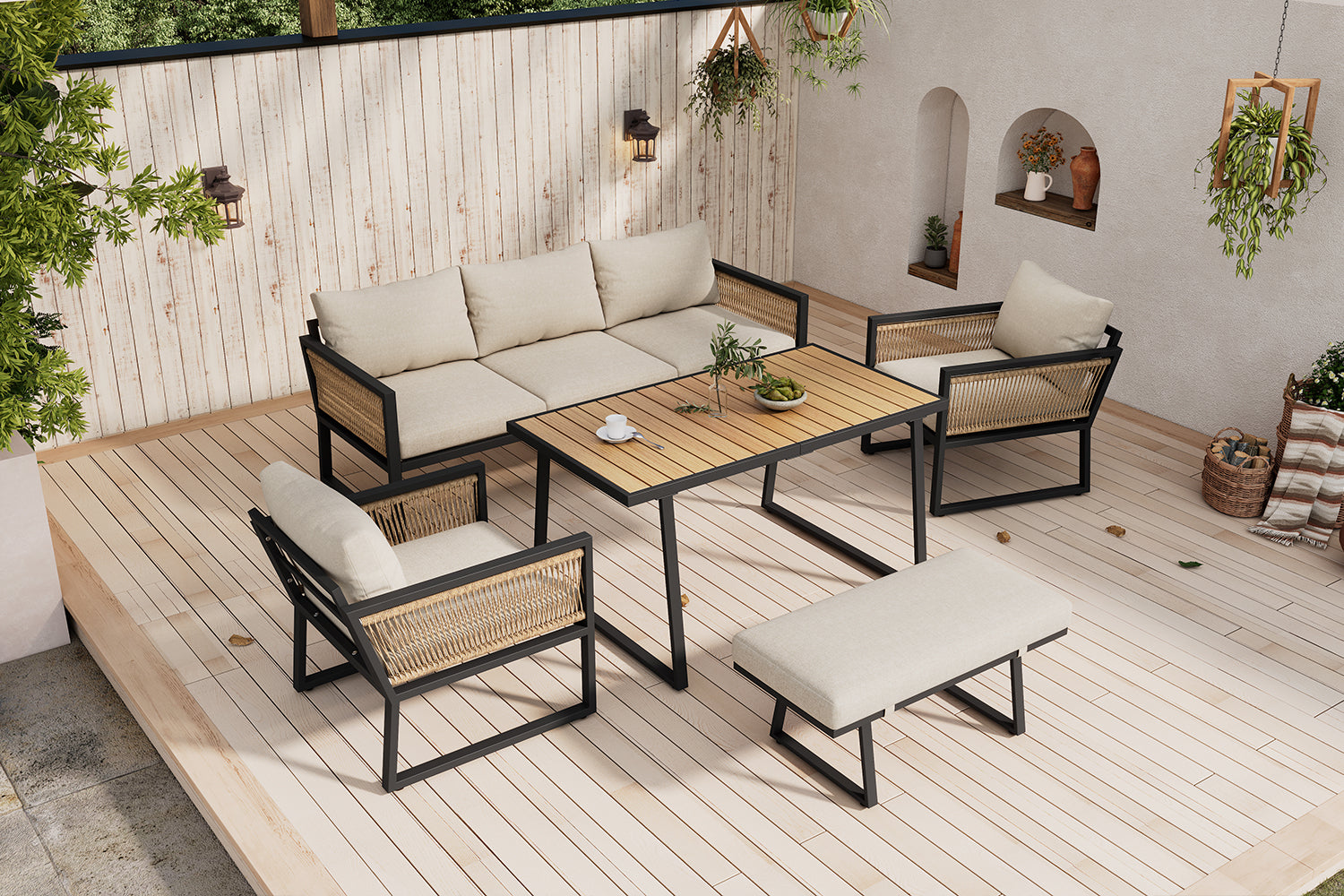 5-Piece Garden Dining Set with 3-Seater Sofa, 2 Armchairs, Stool and Table, Woven Rope and Steel, Beige
