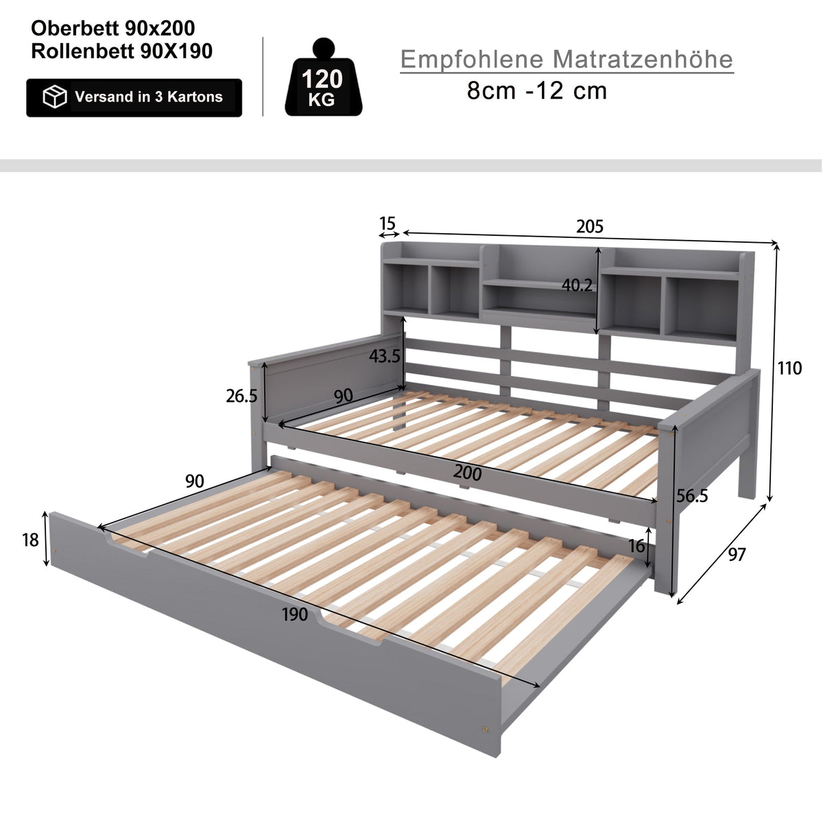 Extendable Sofa Bed 90x200cm/90x190cm Storage Pull-out Solid Pine Wood Grey