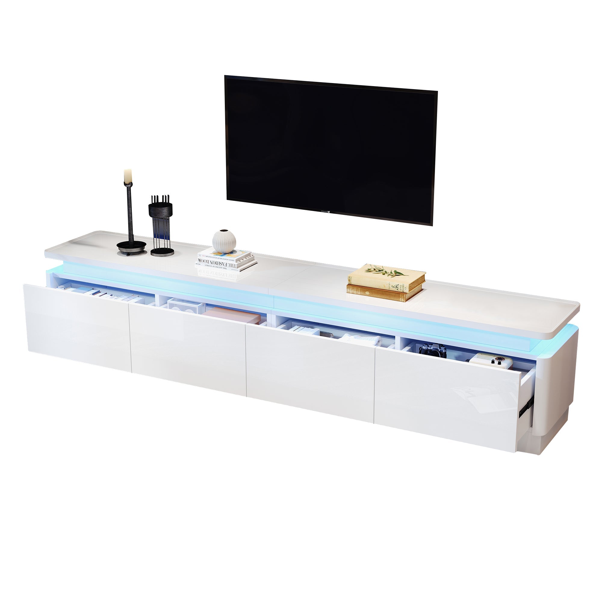 TV Cabinet, 180x34x40cm, 4 Drawers, LED, High-Gloss, for 80-inch TVs, White