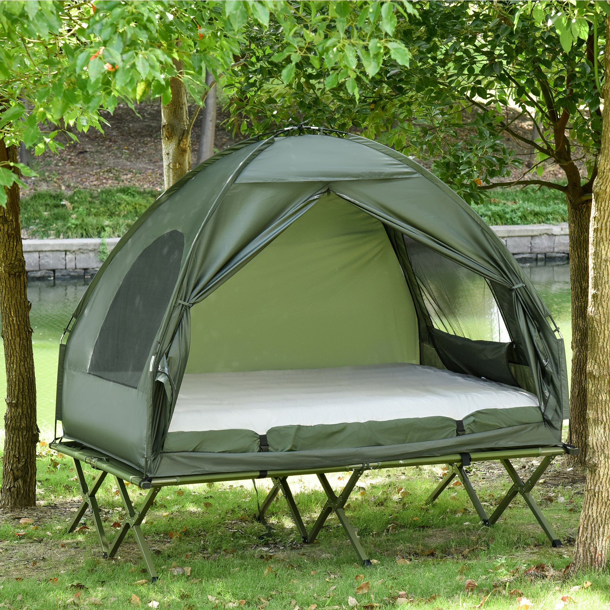 Elevated Camping Bed Dome Tent & Air Mattress with Pump, Taffeta, Green