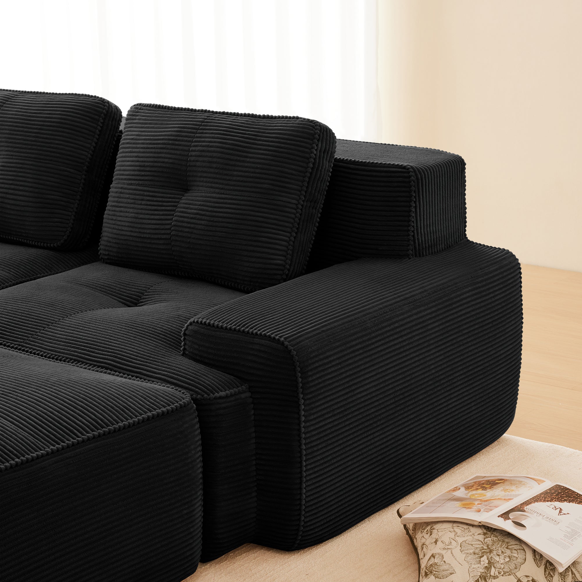 Cloud Modular Sofa U-shaped 3-Seater with Ottoman Corduroy Black