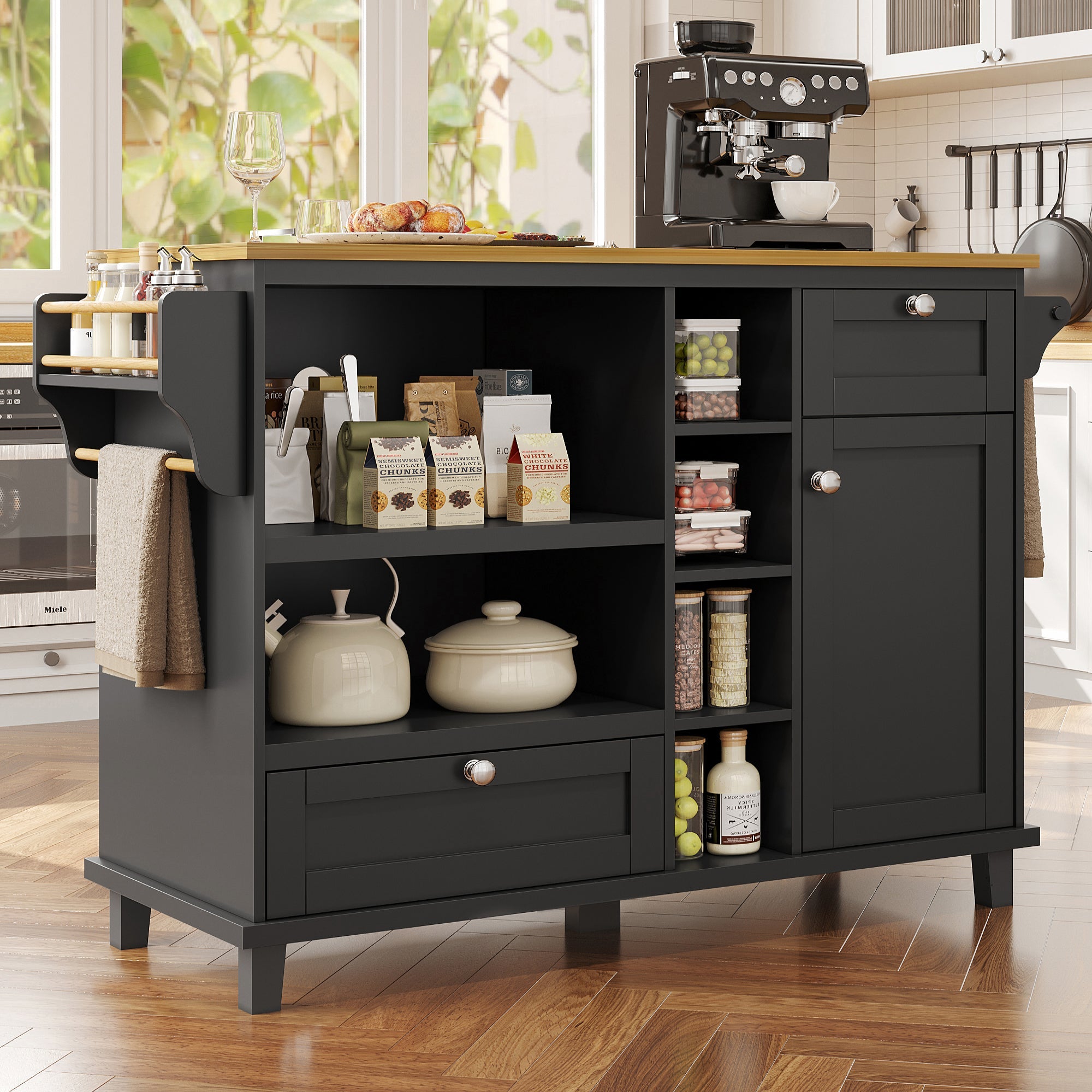 Dining Trolley Mobile Kitchen Storage Cabinet with Drawers, Black/Light Brown Wood