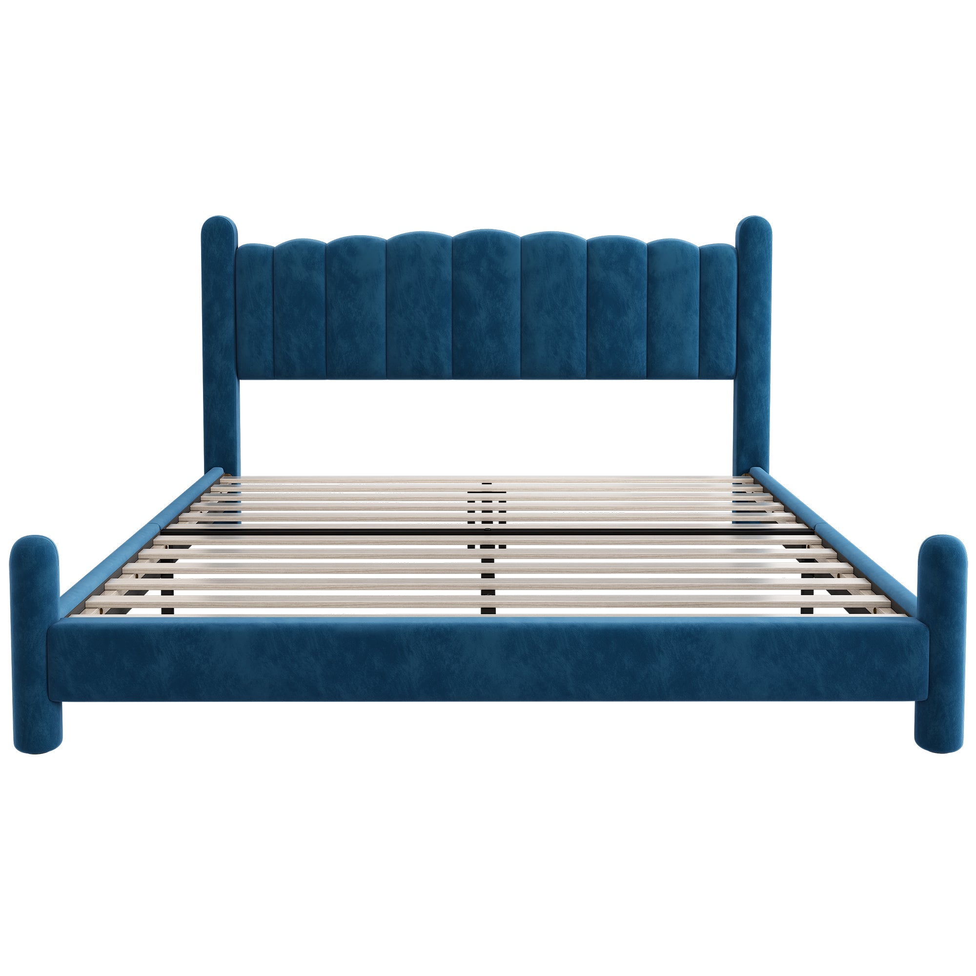 Upholstered Bed with Fan-Shaped Headboard and Slatted Base, 160x200cm, Blue Velvet
