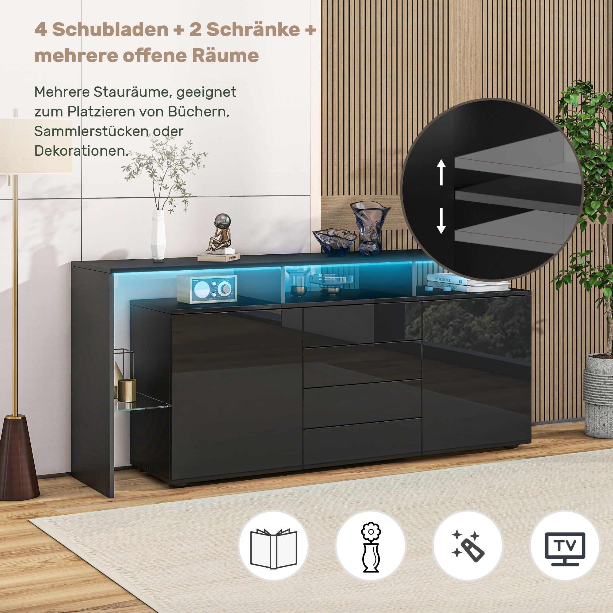 Highboard Sideboard with LED Lighting High-Gloss - Black