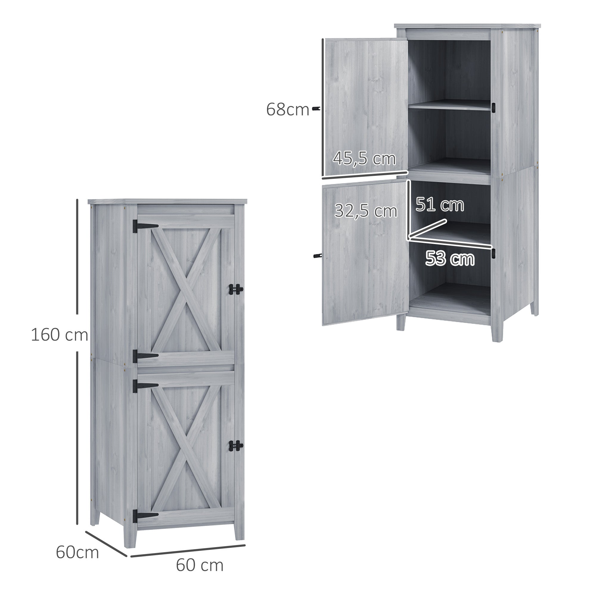 Wooden Garden Shed, Weatherproof Double Door 60x60x160cm Lockable Storage, Light Grey