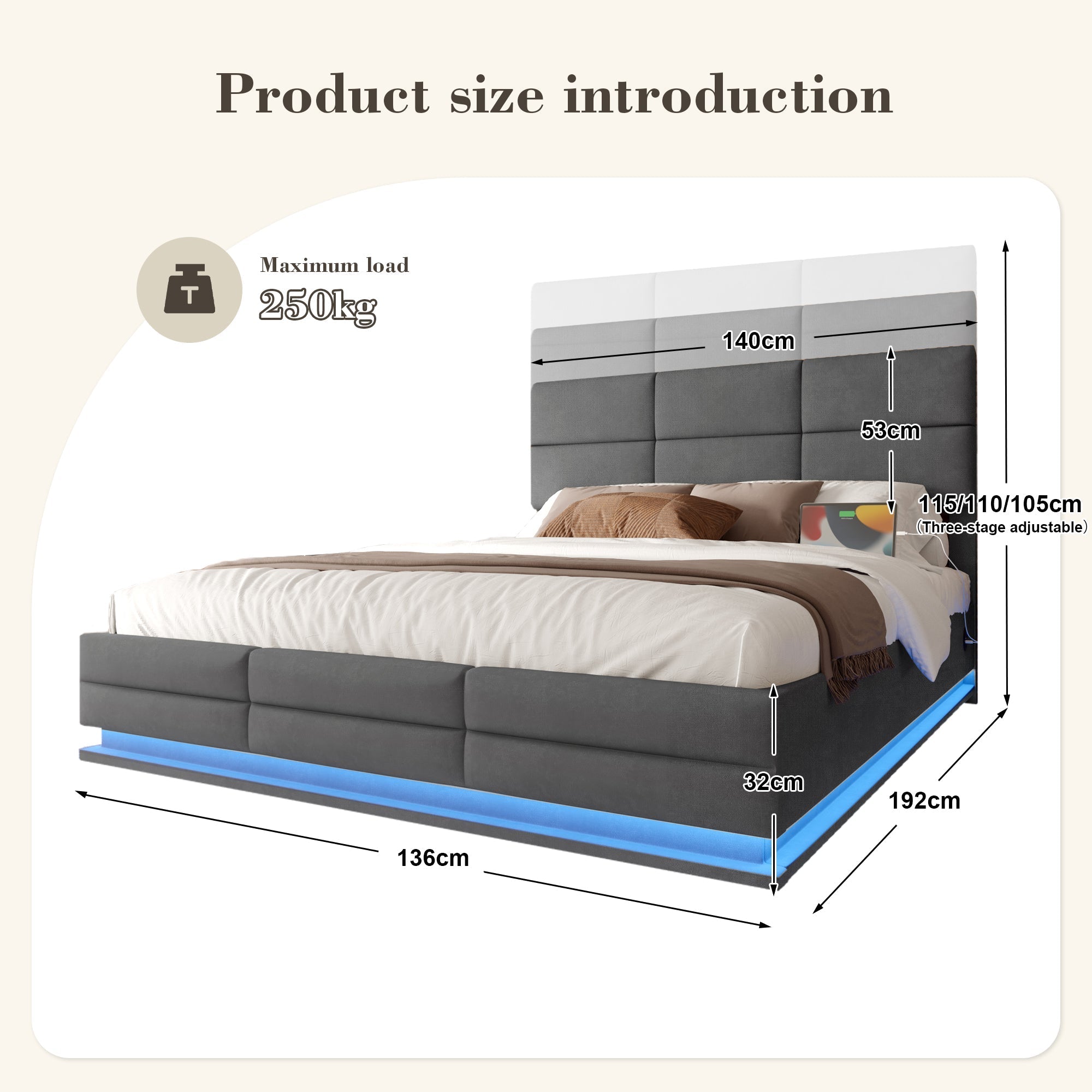 Modern Upholstered Bed with Adjustable Headboard, USB/LED, Hydraulic Lift, Storage - Gray Velvet