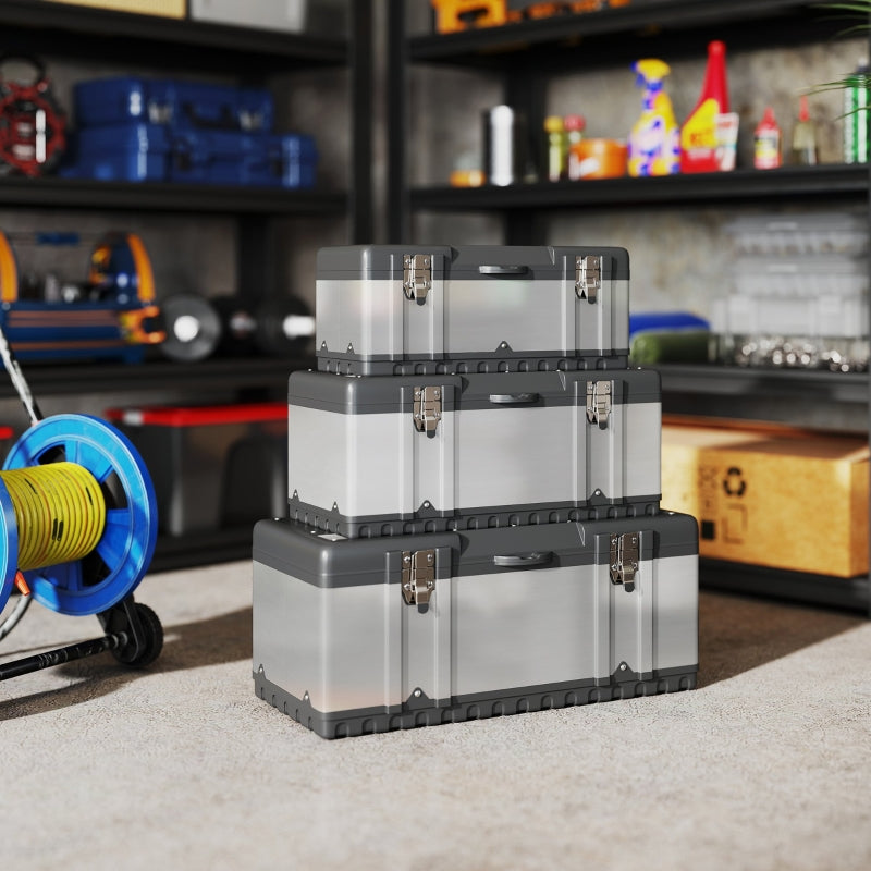 Tool Case, 3 Empty Tool Boxes with Removable Tray, Stainless Steel, Black + Silver