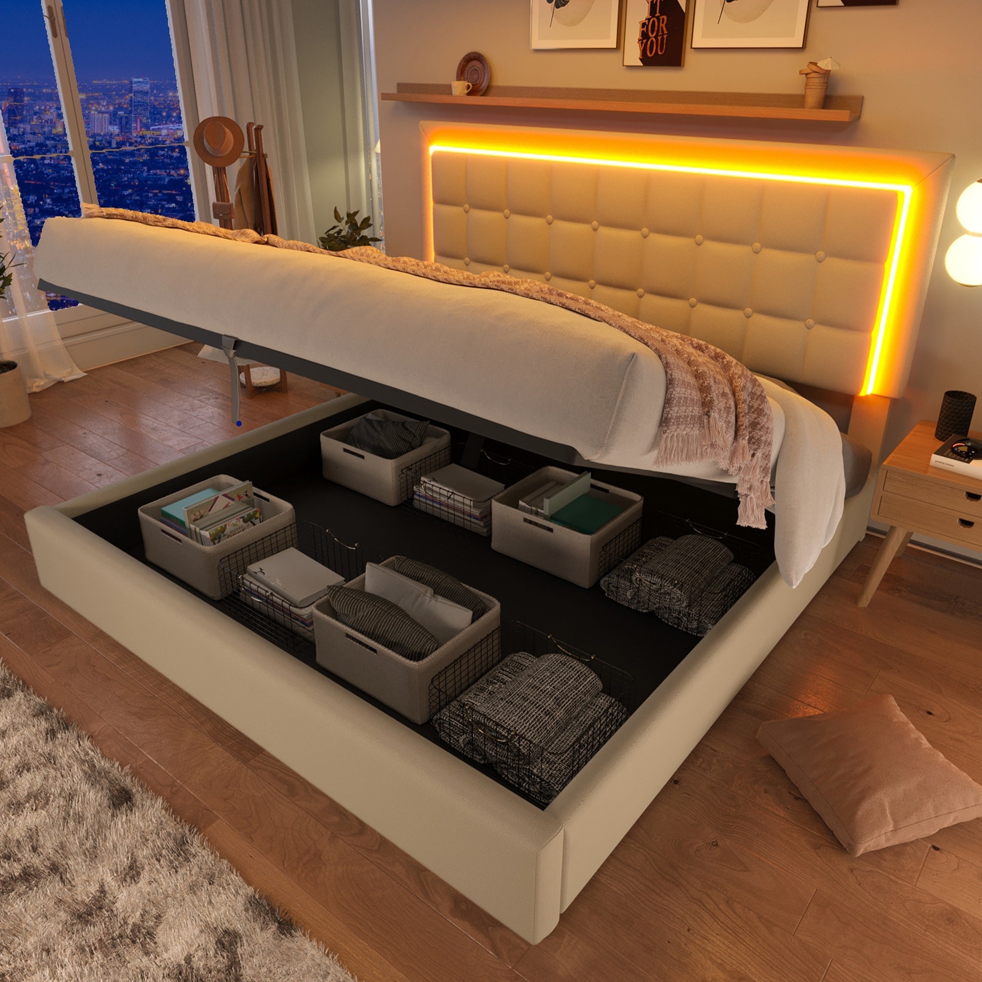 Upholstered Bed, 140x200cm, Slatted Frame, Storage, LED, White Faux Leather