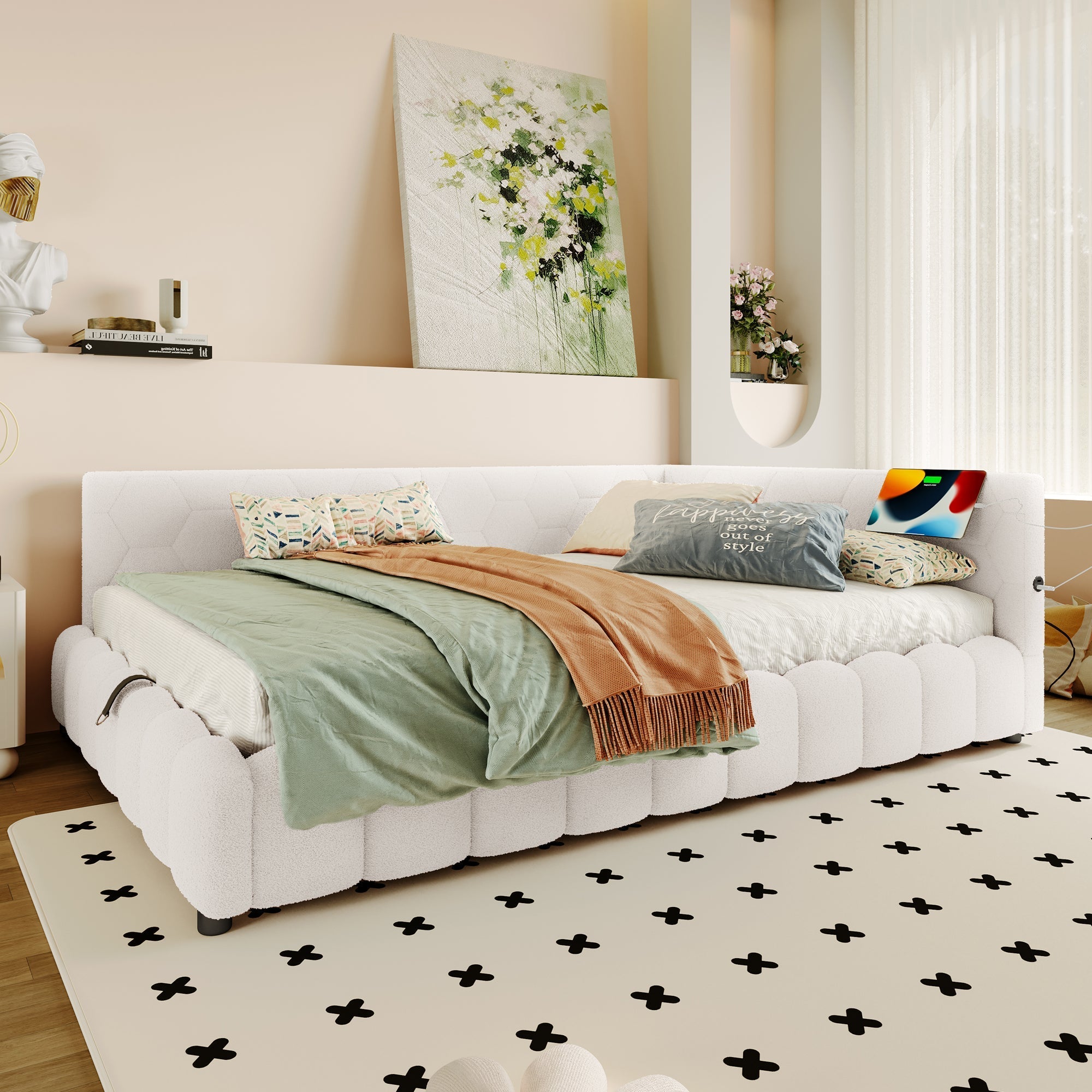 Daybed Sofa Bed 140x200cm Hydraulic Storage LED USB/Type-C Fleece Imitation White