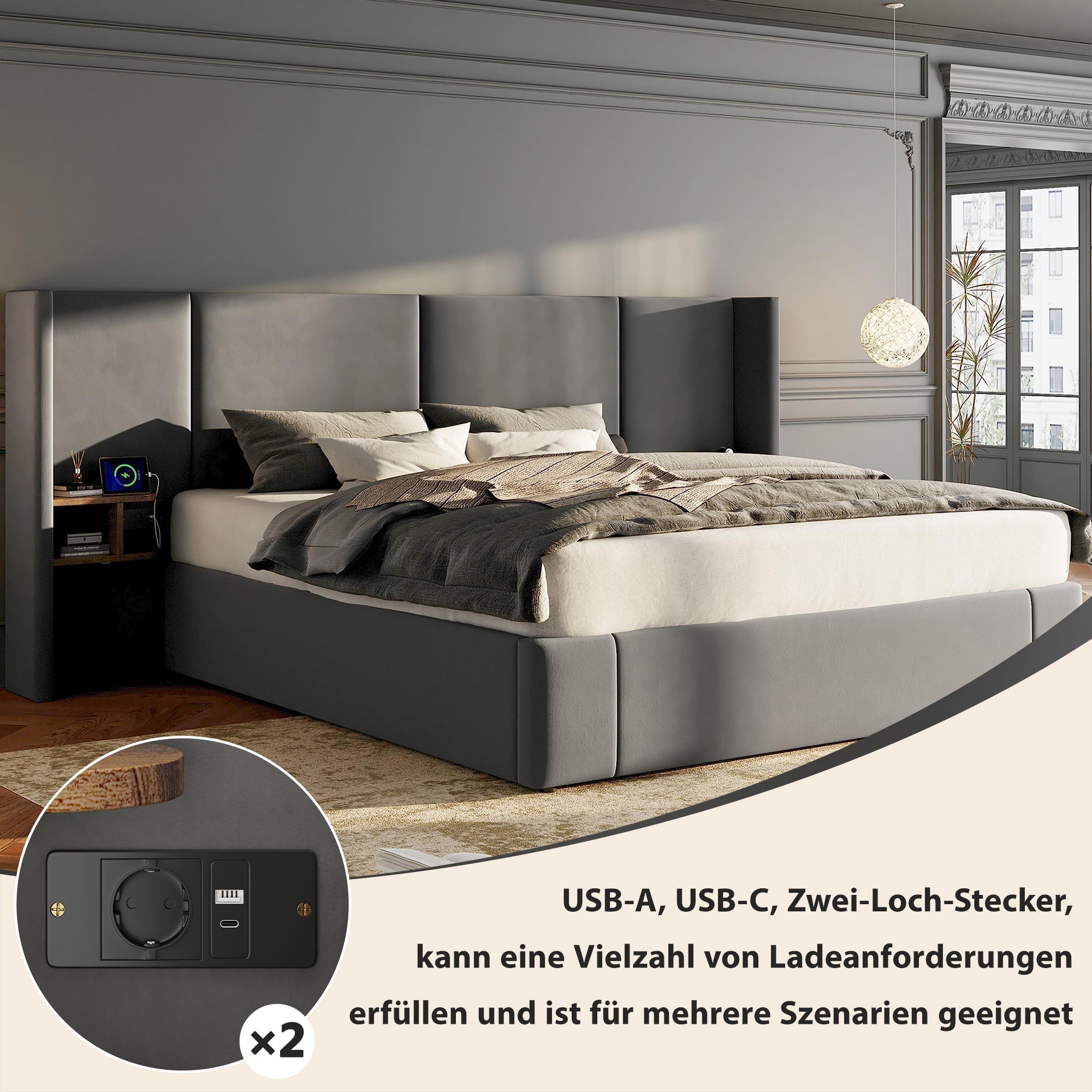 Upholstered Bed 160x200cm Hydraulic Storage USB Power Outlets 2 Bedside Tables Velvet Beige