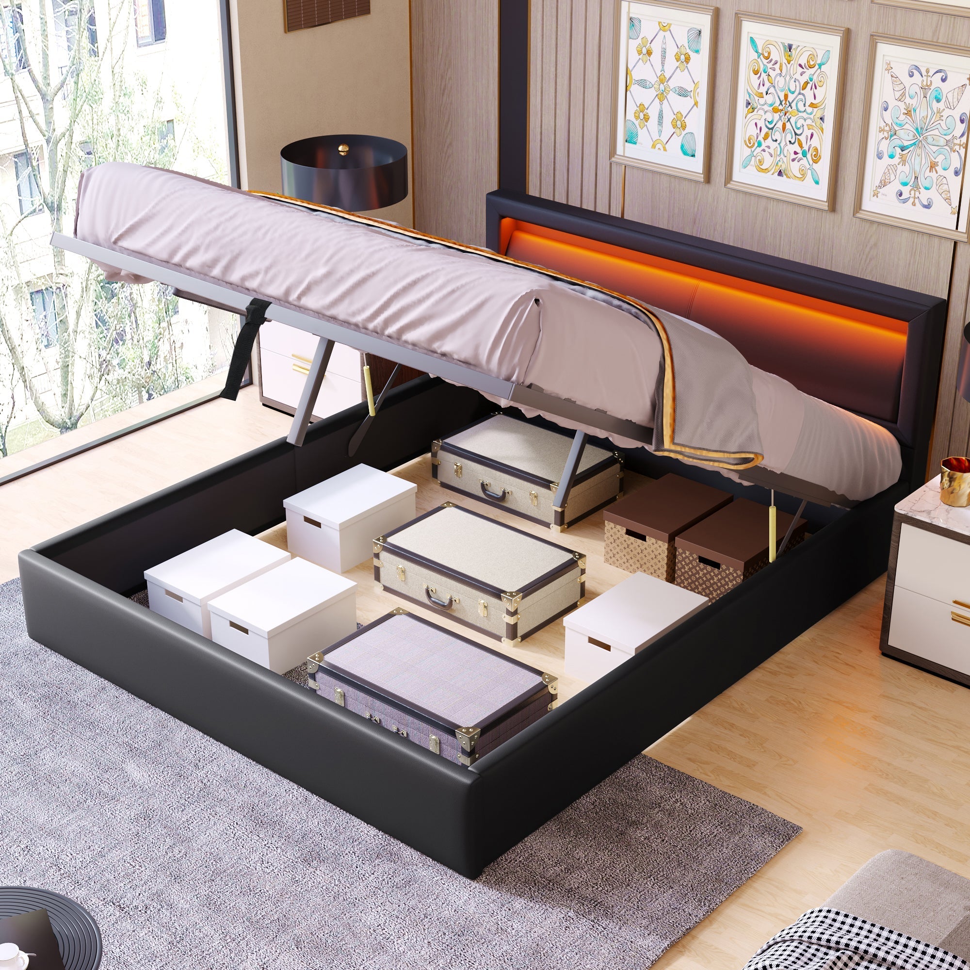 Upholstered Bed 140x190cm LED Storage Slatted Frame Multi-Color Headboard - Black Faux Leather