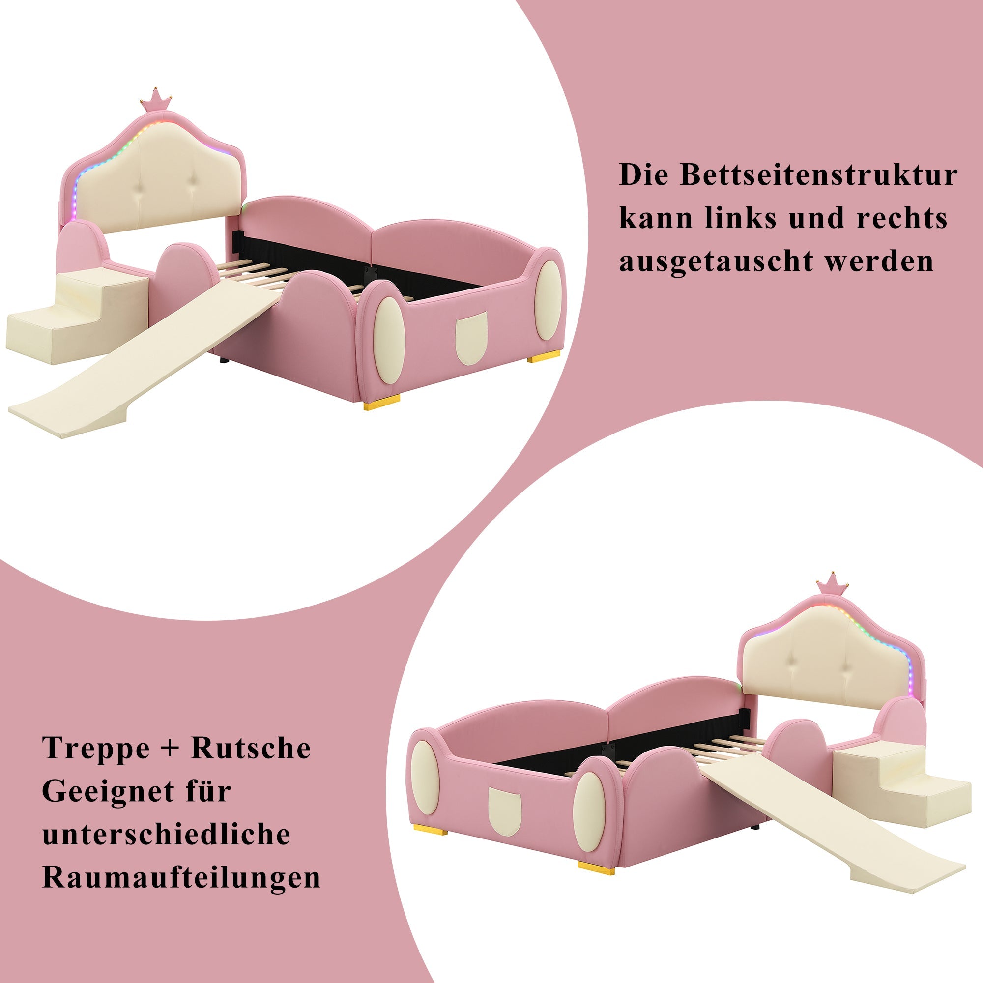 Crown Cartoon Bed Upholstered Children's Slide Stairs LED 90x200cm PU Pink + Beige