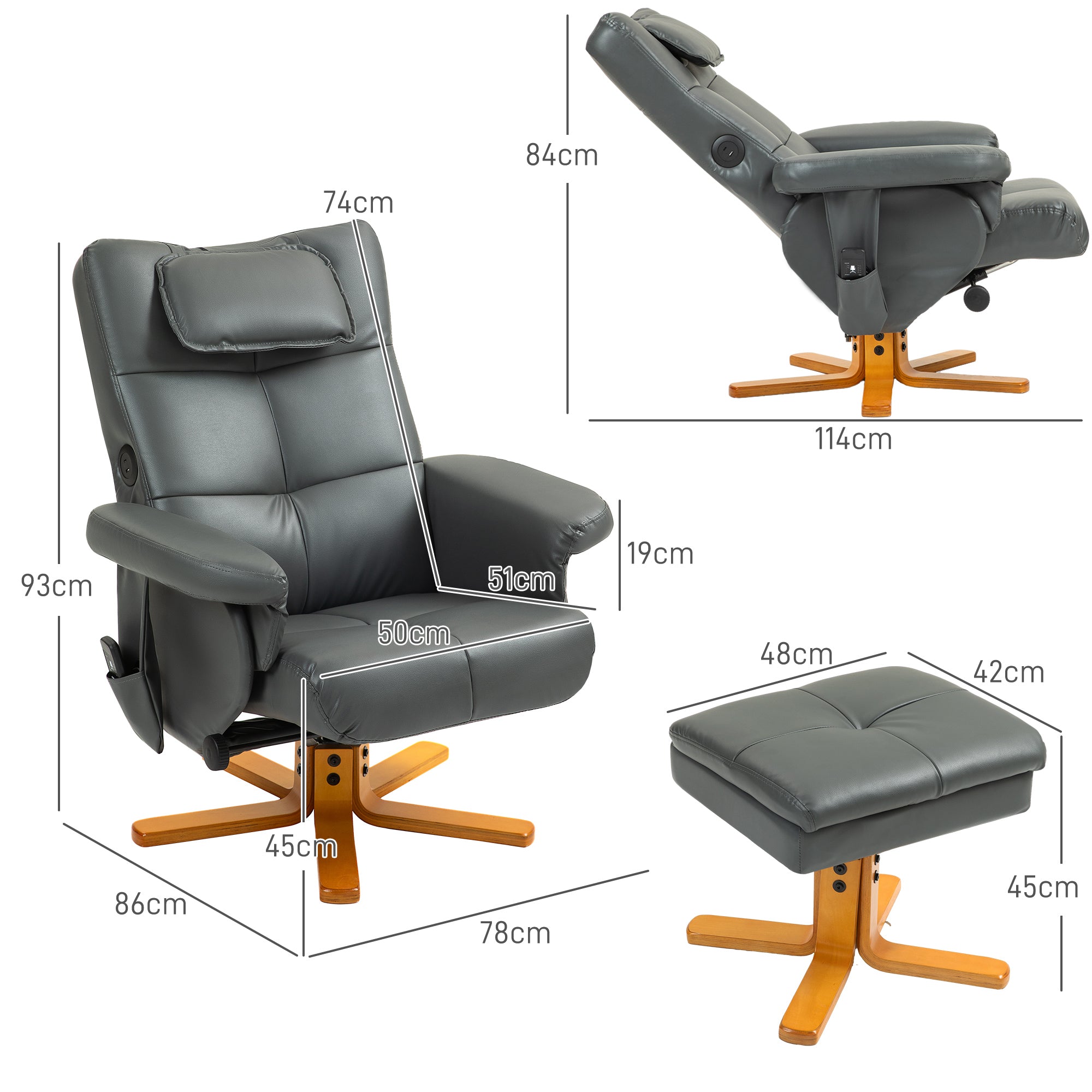 Recliner Chair with Reclining Function, Massage, Stool, Faux Leather, Dark Grey