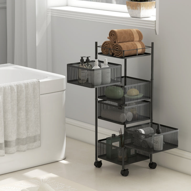 Kitchen Trolley with 5 Rotating Baskets and 4 Swivel Casters, Black Metal