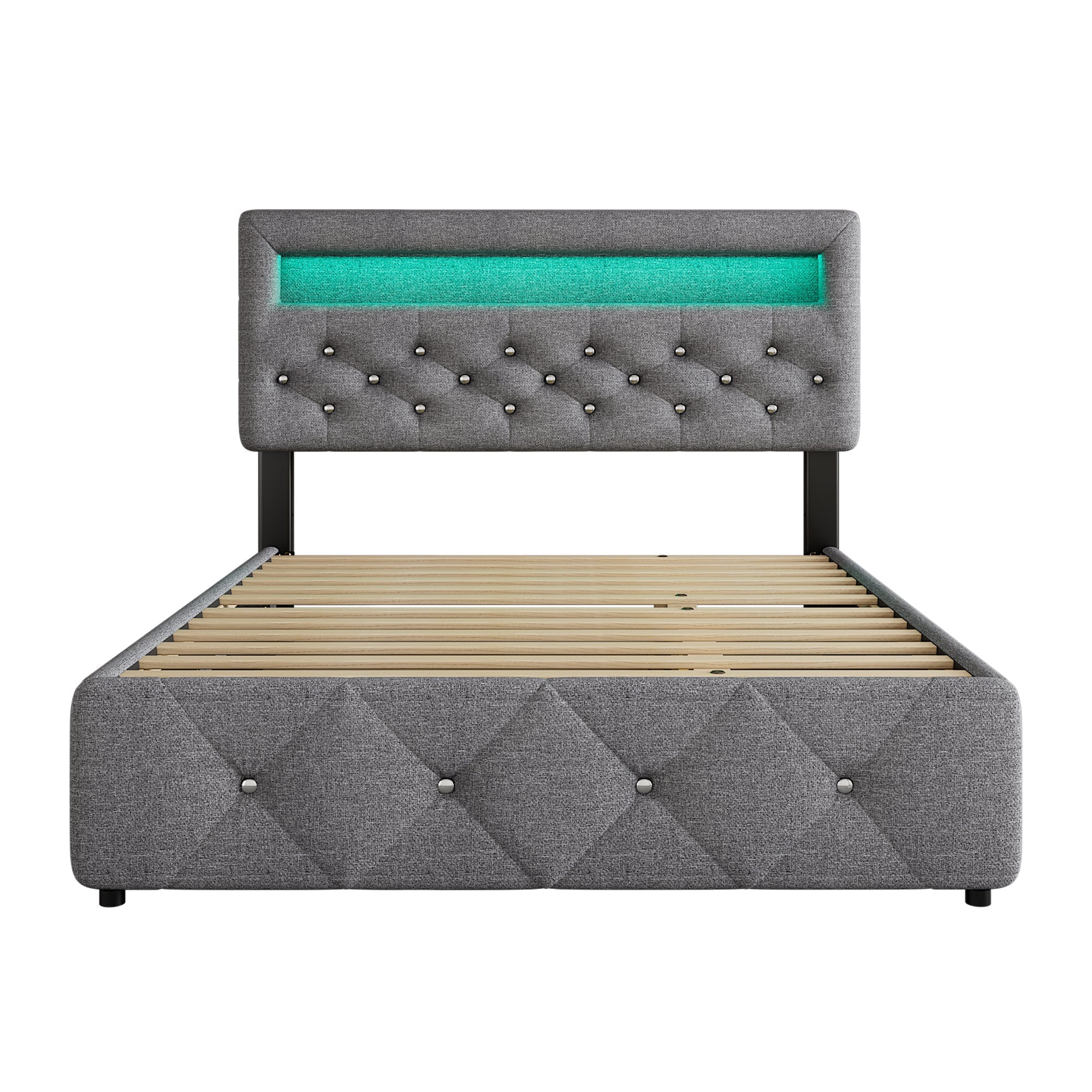 Upholstered Double Bed Pull-out Bed 2 Drawers LED Bedside 140x200cm - Grey