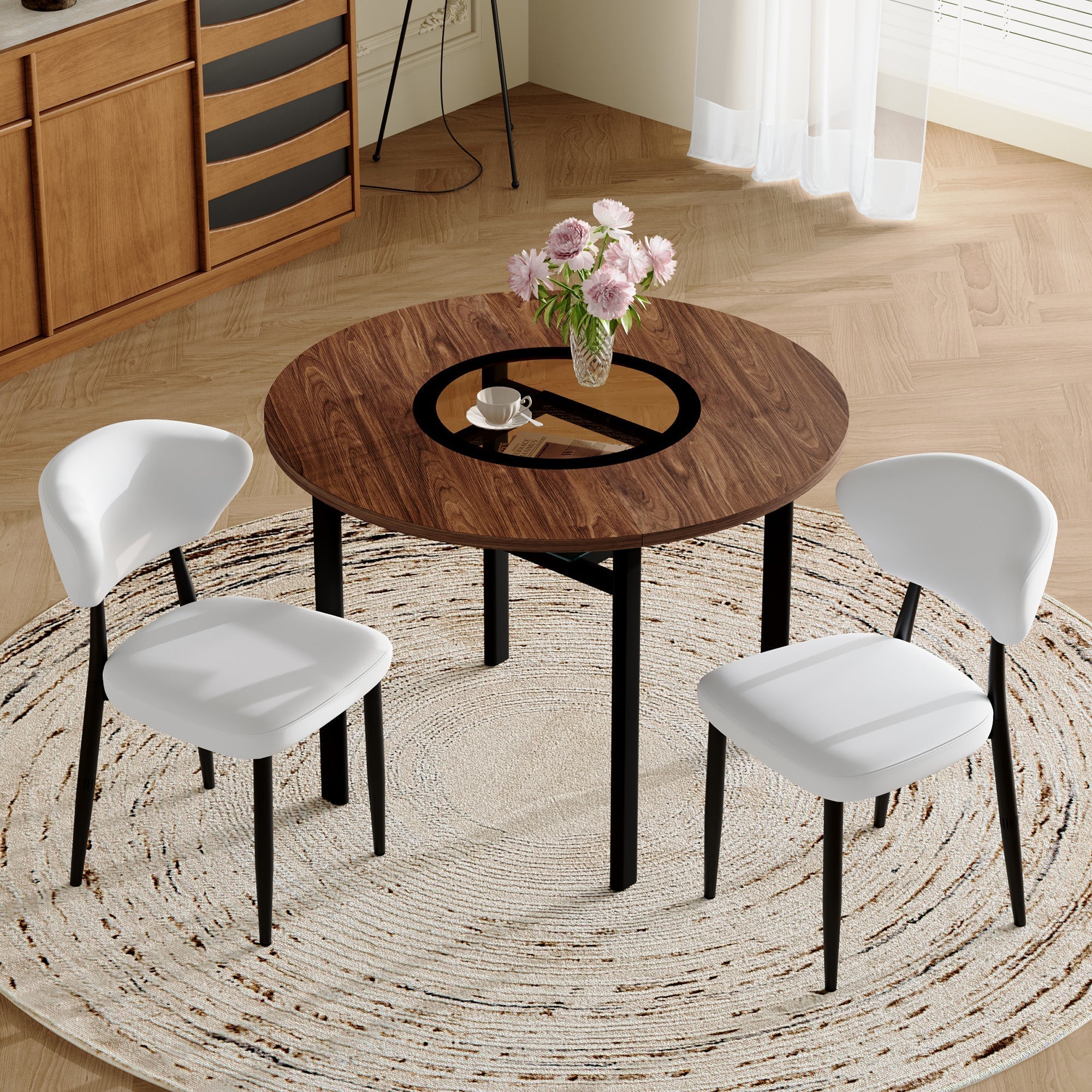 Round Table Set Modern Minimalist 100cm with 2 Armchairs - White PU/Wood Look