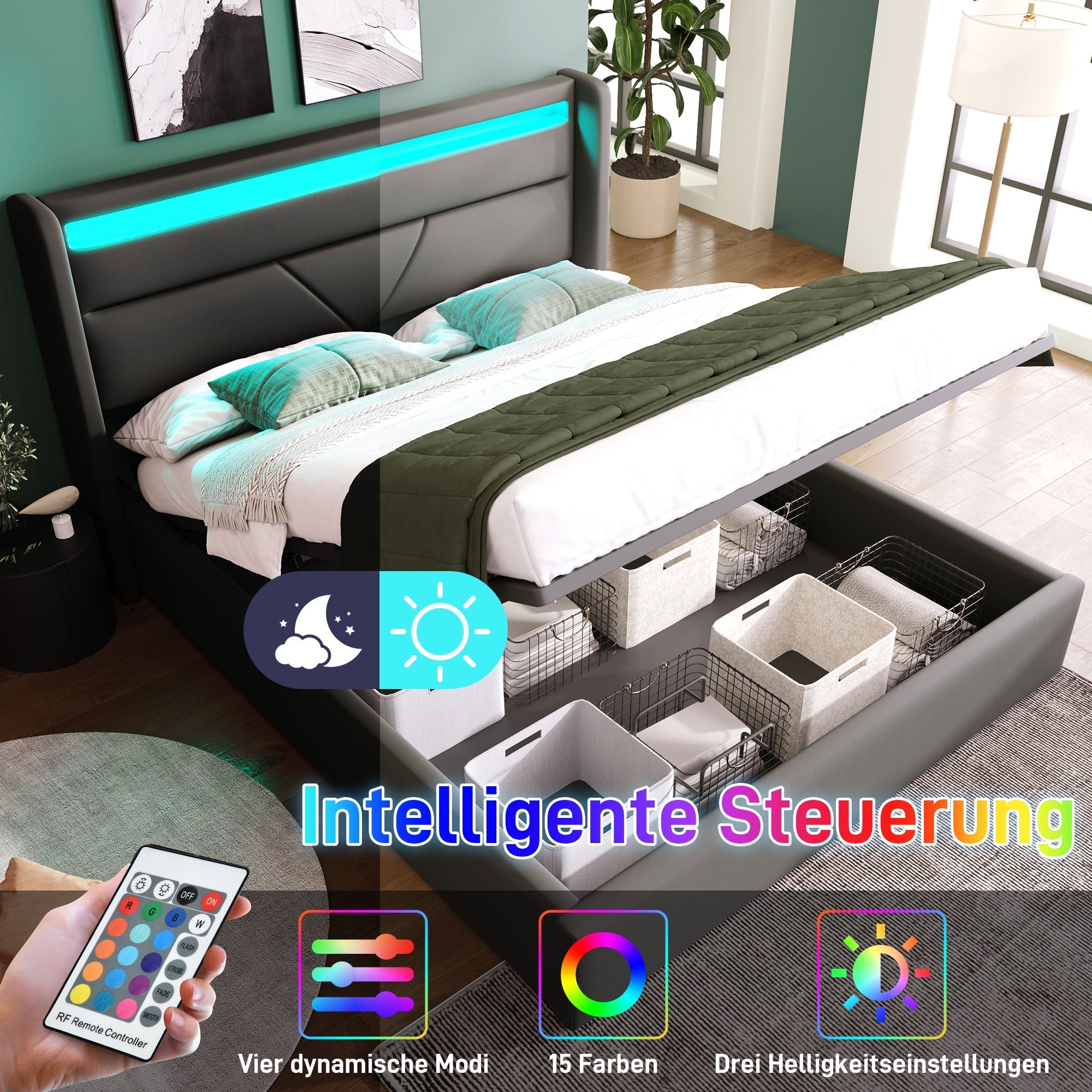 Hydraulic Storage Bed with LED Lighting and Remote Control, 160x200cm, Grey Upholstered Bed Frame