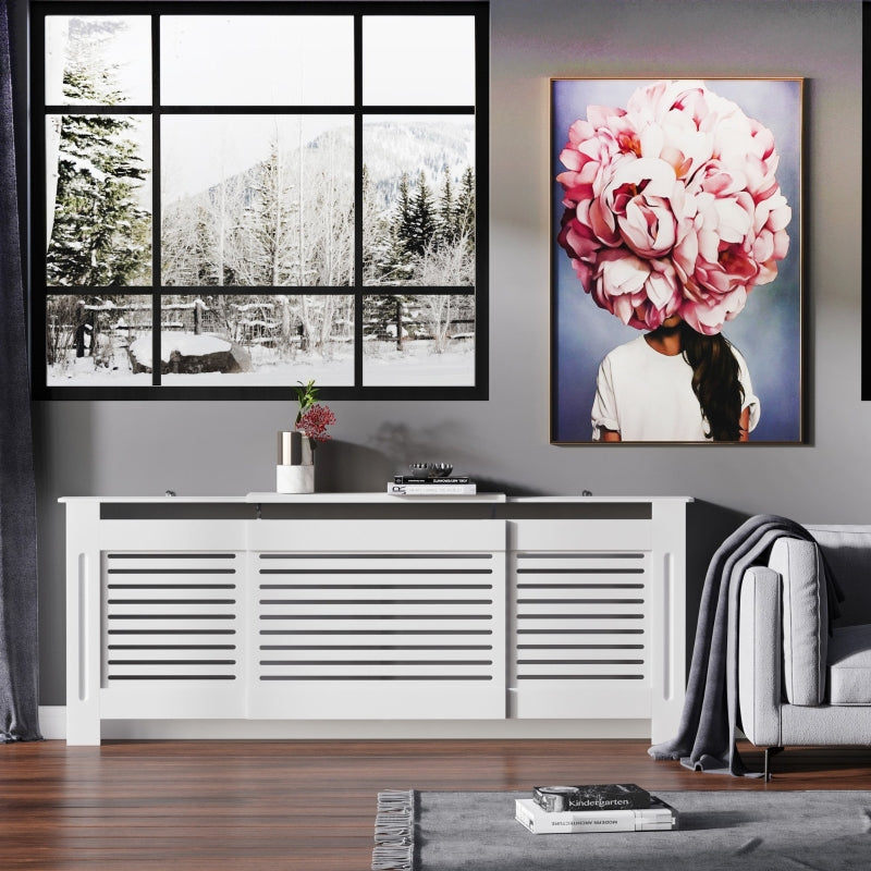 MDF Extendable Radiator Cover Cabinet Shelving Slatted Design (139-208.5L x 20.5W x 82.5H cm) White