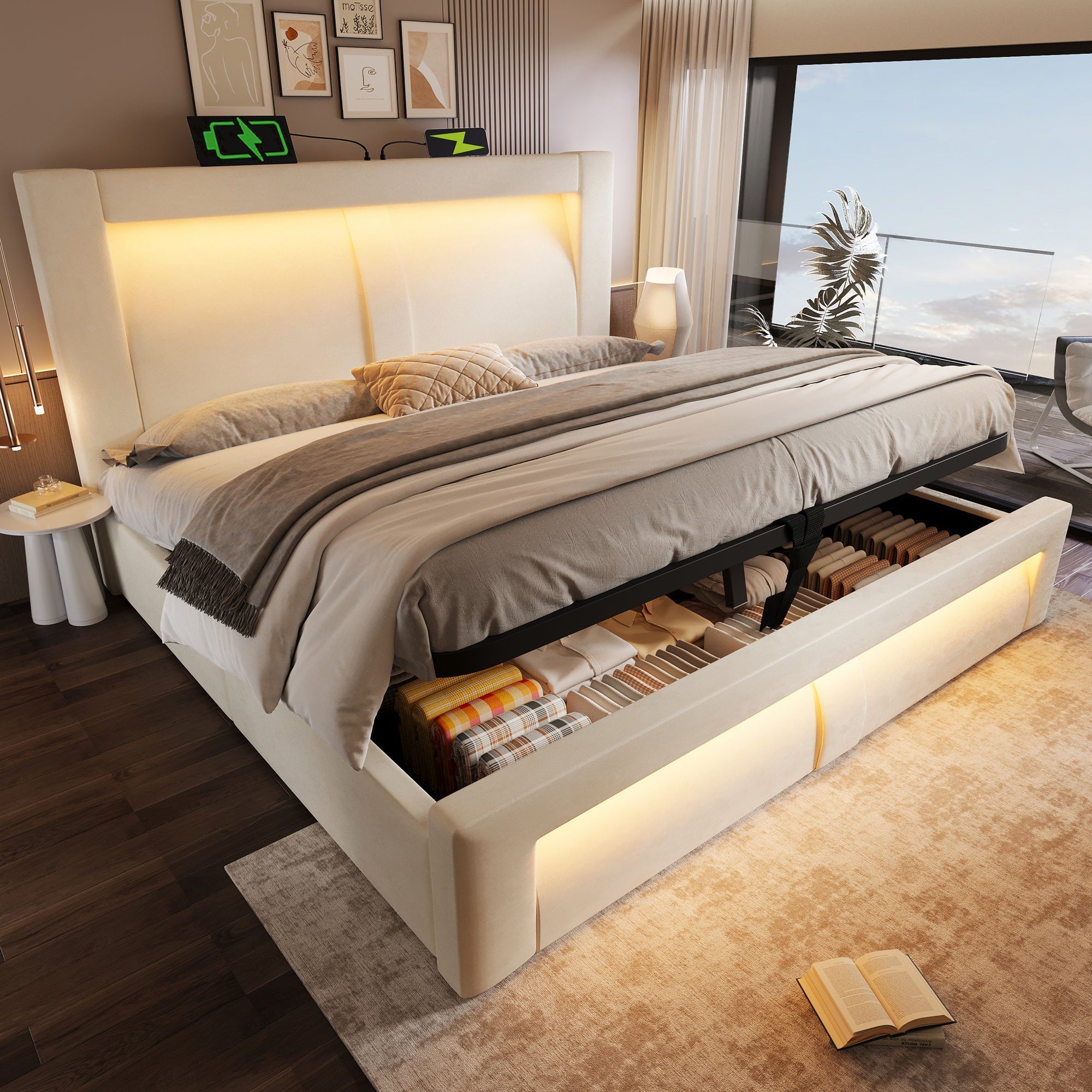 Double Bed with Hydraulic Storage, LED Lighting and Charging Ports, Beige Velvet