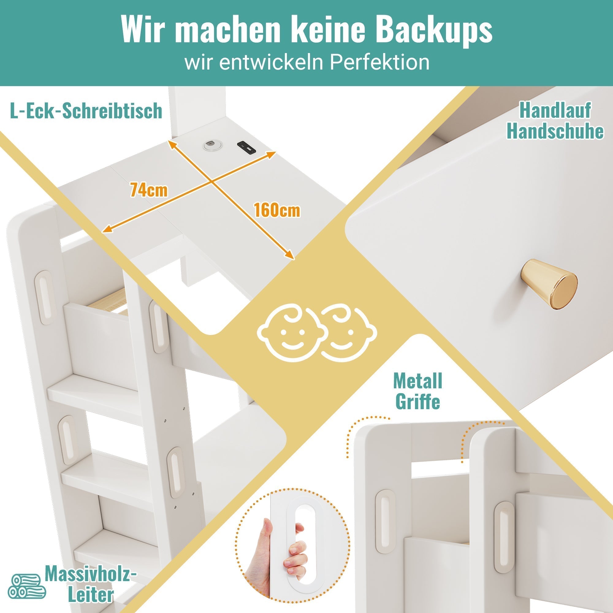 Children’s Loft Bed with Integrated L-Shaped Desk, Storage & Charging Ports - White