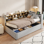 Upholstered Bed/Sofa Bed 90x200cm Hydraulic Storage USB/Type-C Charging Velvet Light Grey