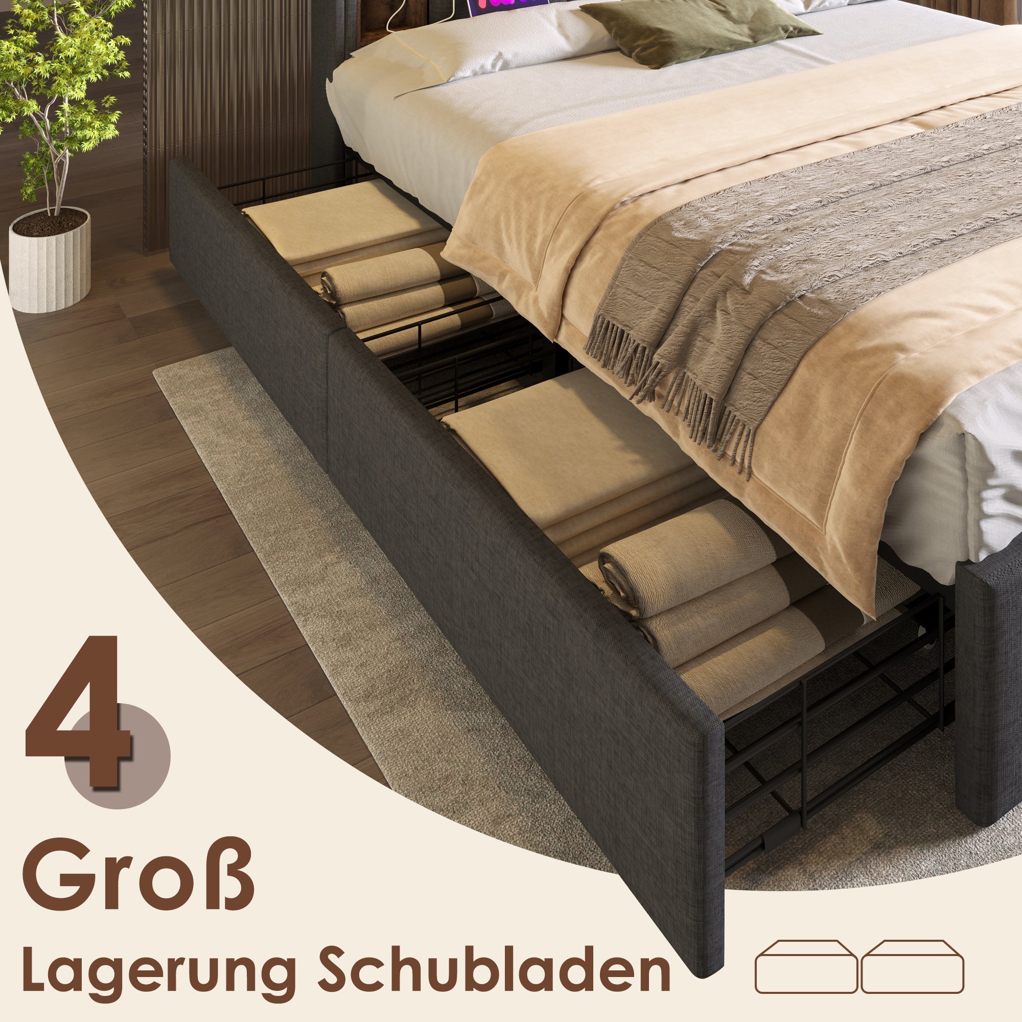 Double Bed, Wireless Charging & 4 Drawers, 160x200cm Grey Linen