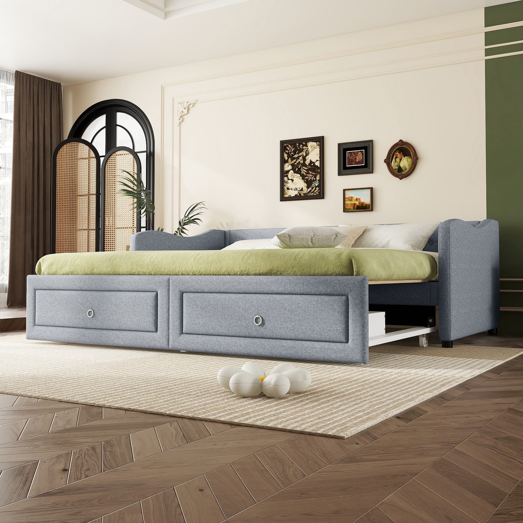 Daybed Sofa Bed 90x200cm Pull-out Bed 2 Drawers - Linen Grey