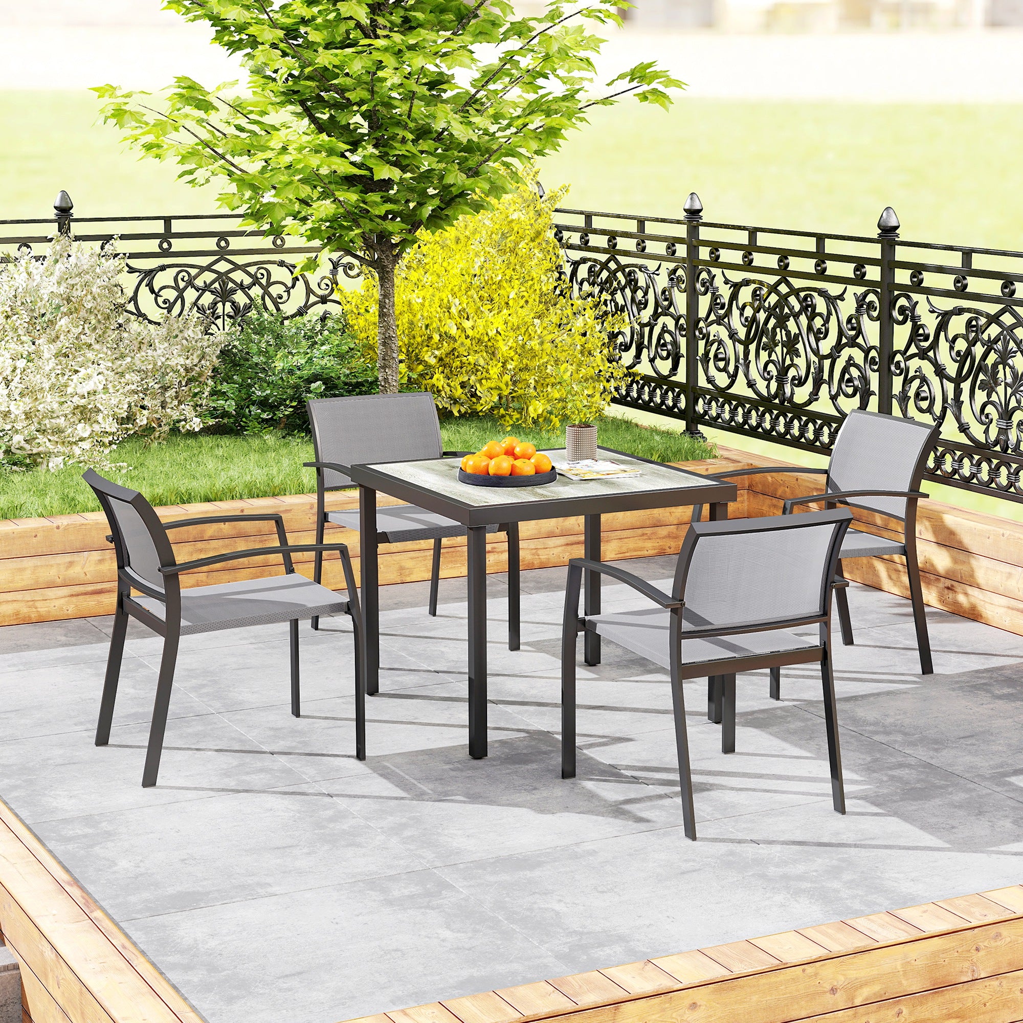 Five-Piece Outdoor Garden Dining Set, Square Table 4 Stackable Chairs, Grey