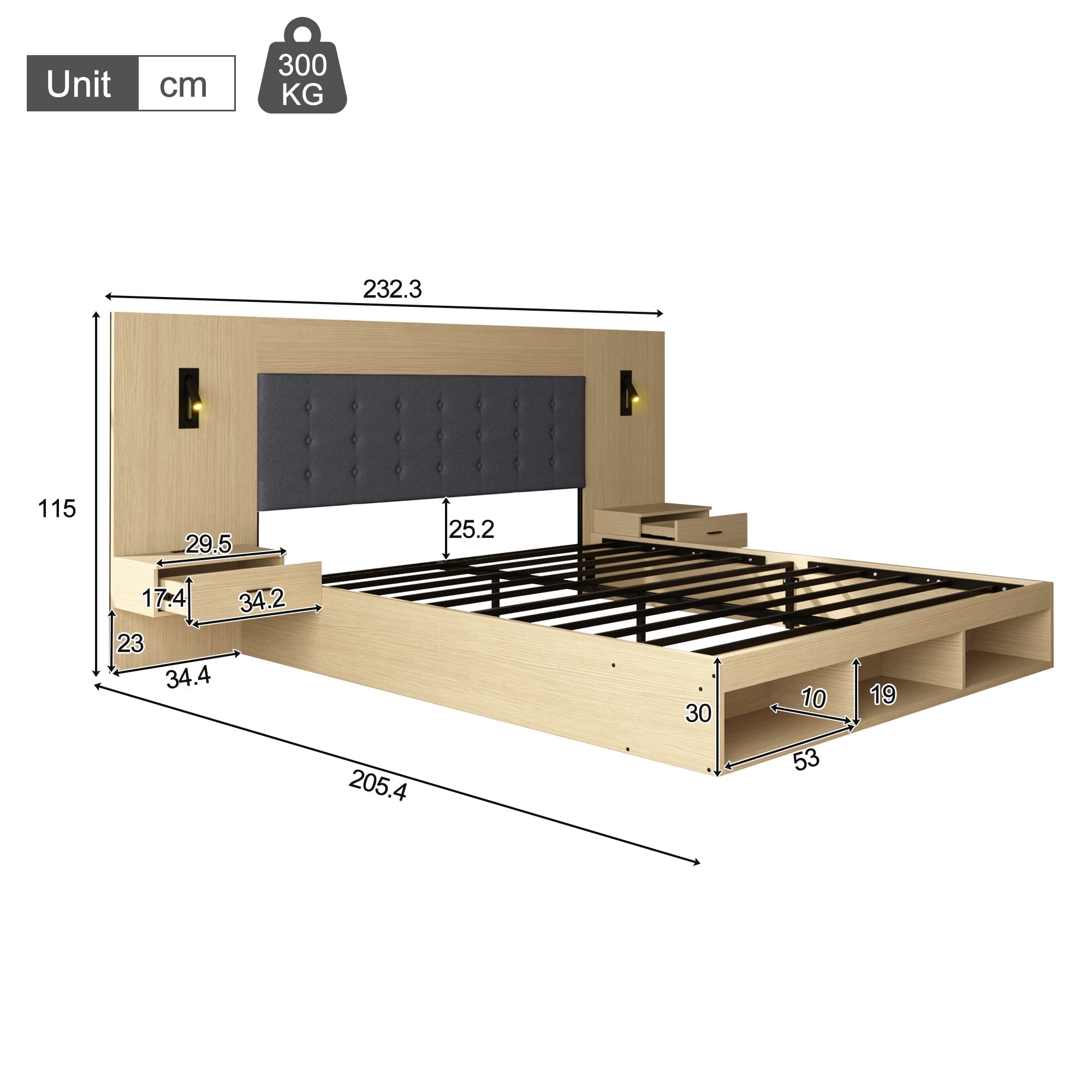 Double Bed with Storage, USB Charging Station, Reading Lamp and 2 Bedside Tables, 160x200cm, Light Oak Wood