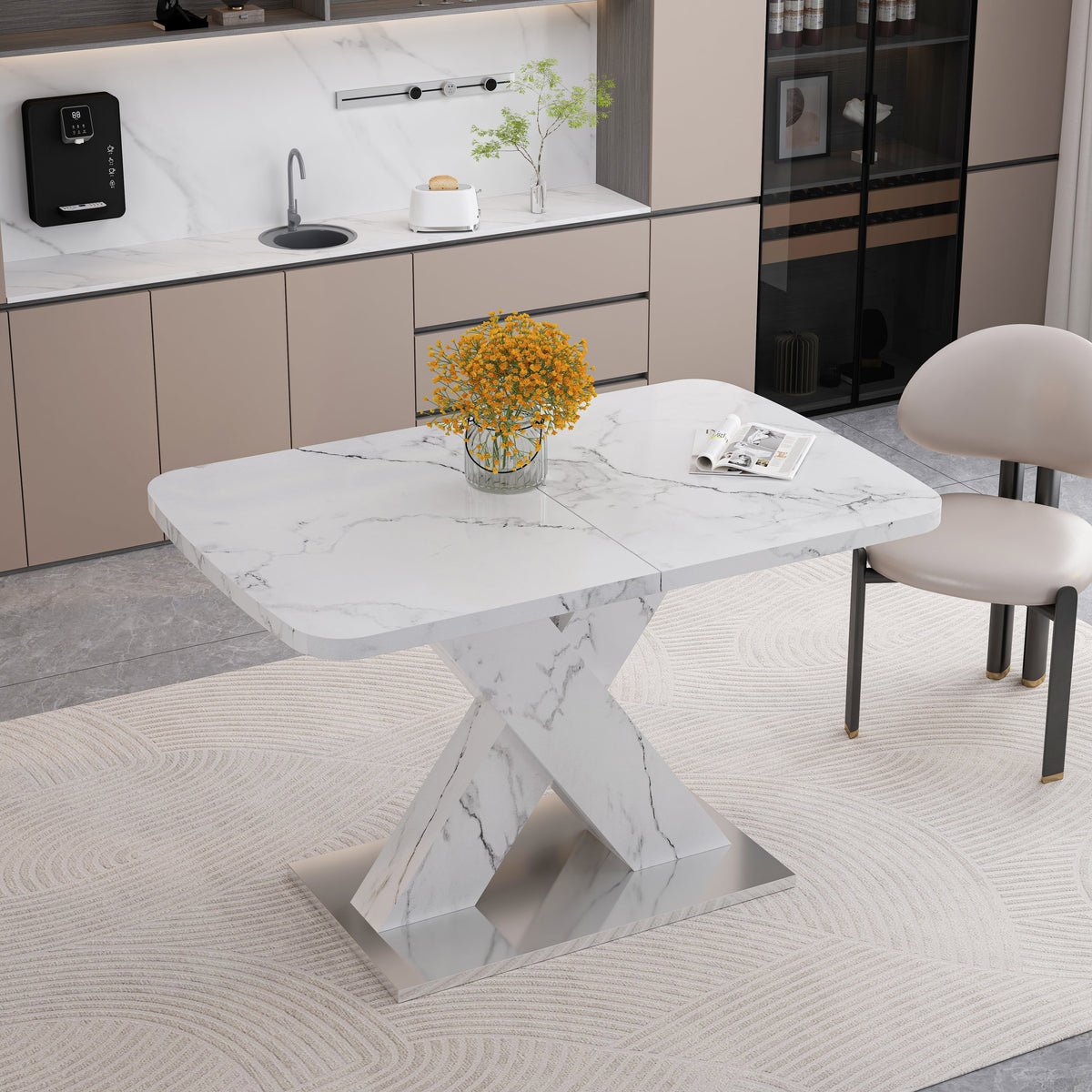 Dining Table 120-160CM Stretchable Modern Rectangle Marble Top, White/MDF/Metal Base