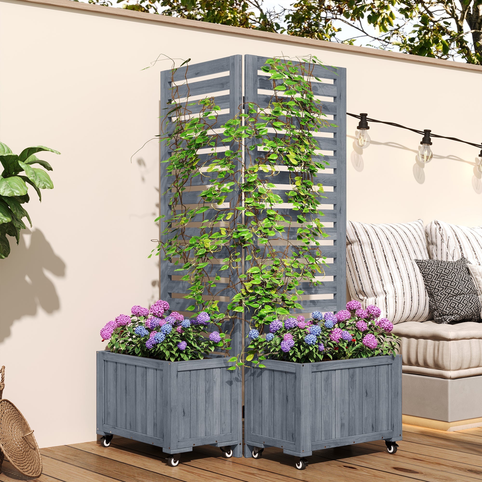 Outdoor Planter with Trellis and Universal Wheels, Grey Wood