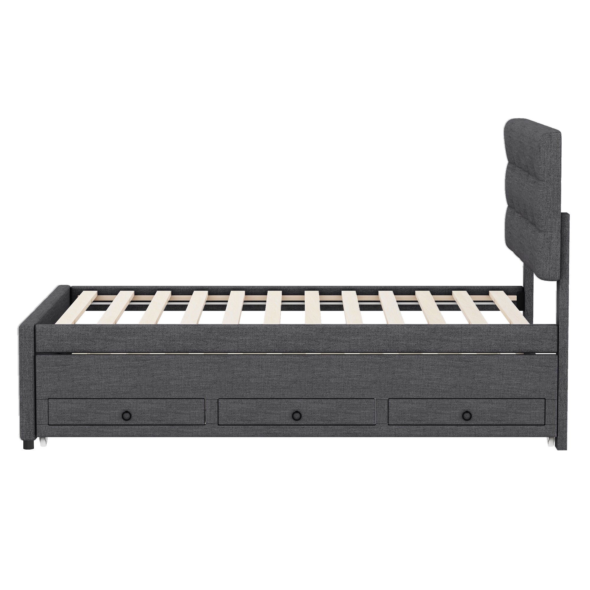 Upholstered Bed 90x200cm Pull-out Trundle 3 Drawers Adjustable Headboard - Grey