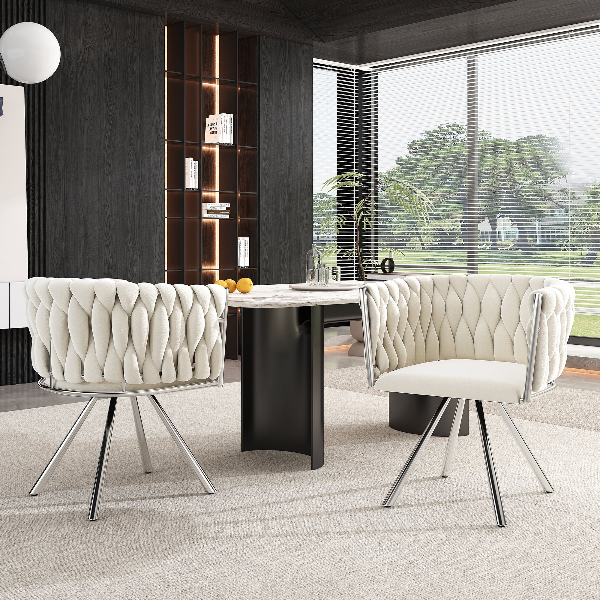 Velvet Dining Chair Set of 6 Swivel Metal Legs - Beige/Silver