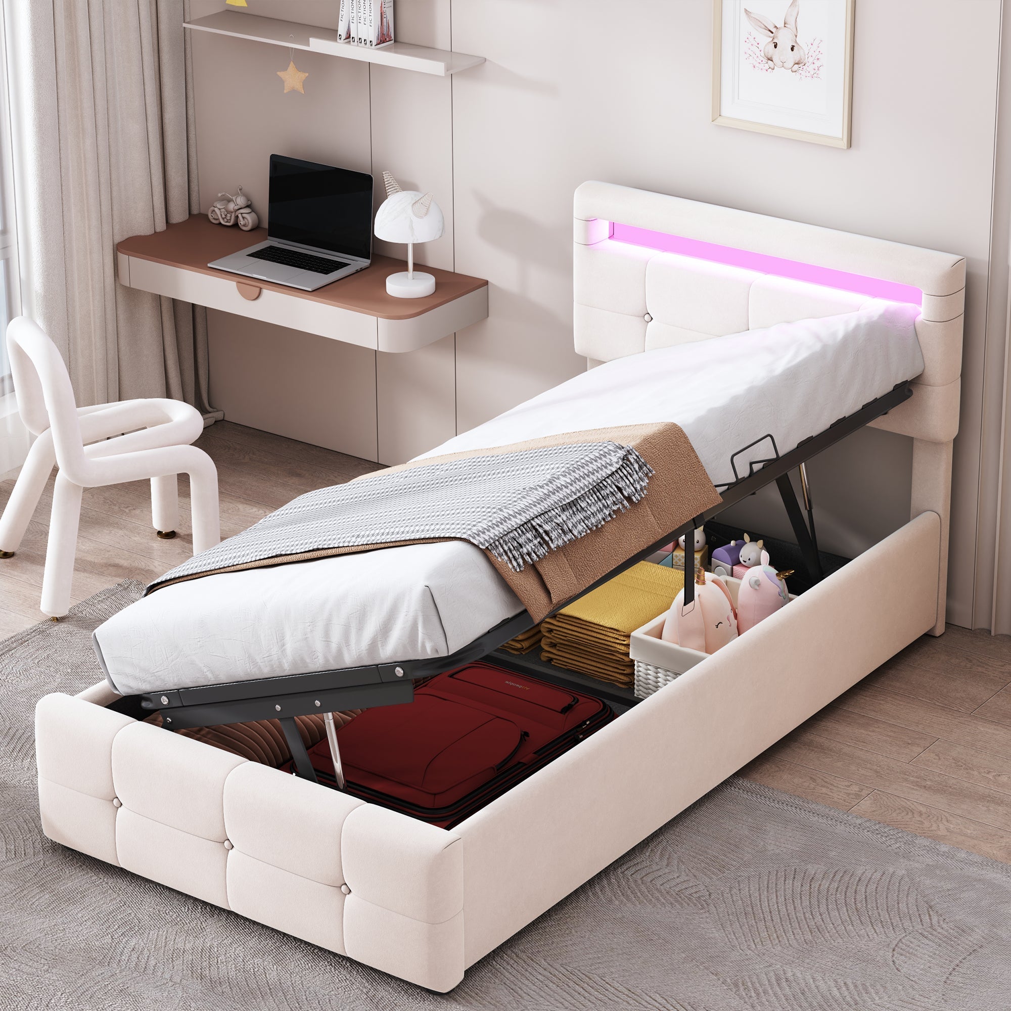 Upholstered Children's Bed with LED Lighting and Hydraulic Storage, Velvet Beige/Grey