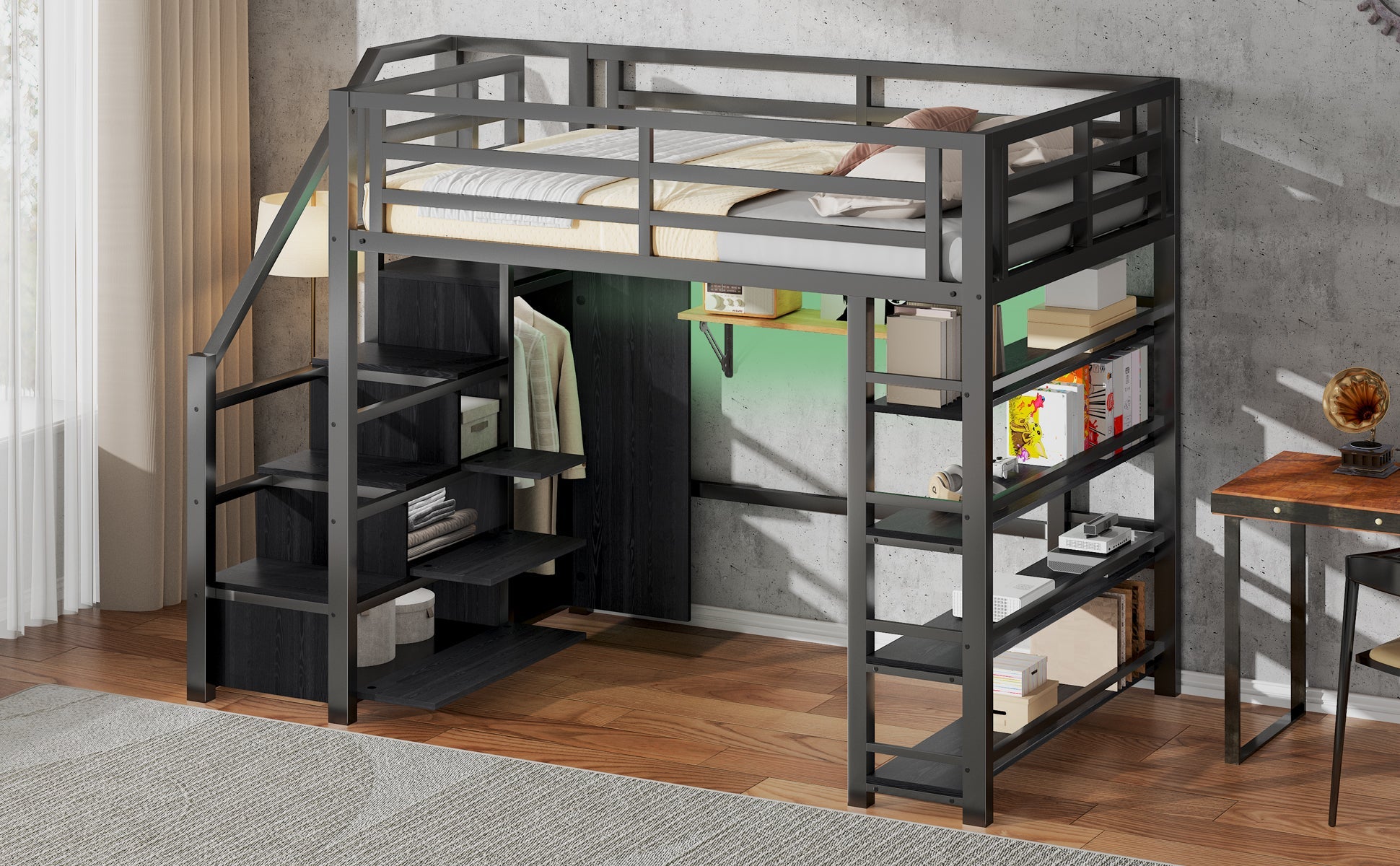 140x200 Metal Loft Bed with Wardrobe, Cabinets and LED Lighting, Black