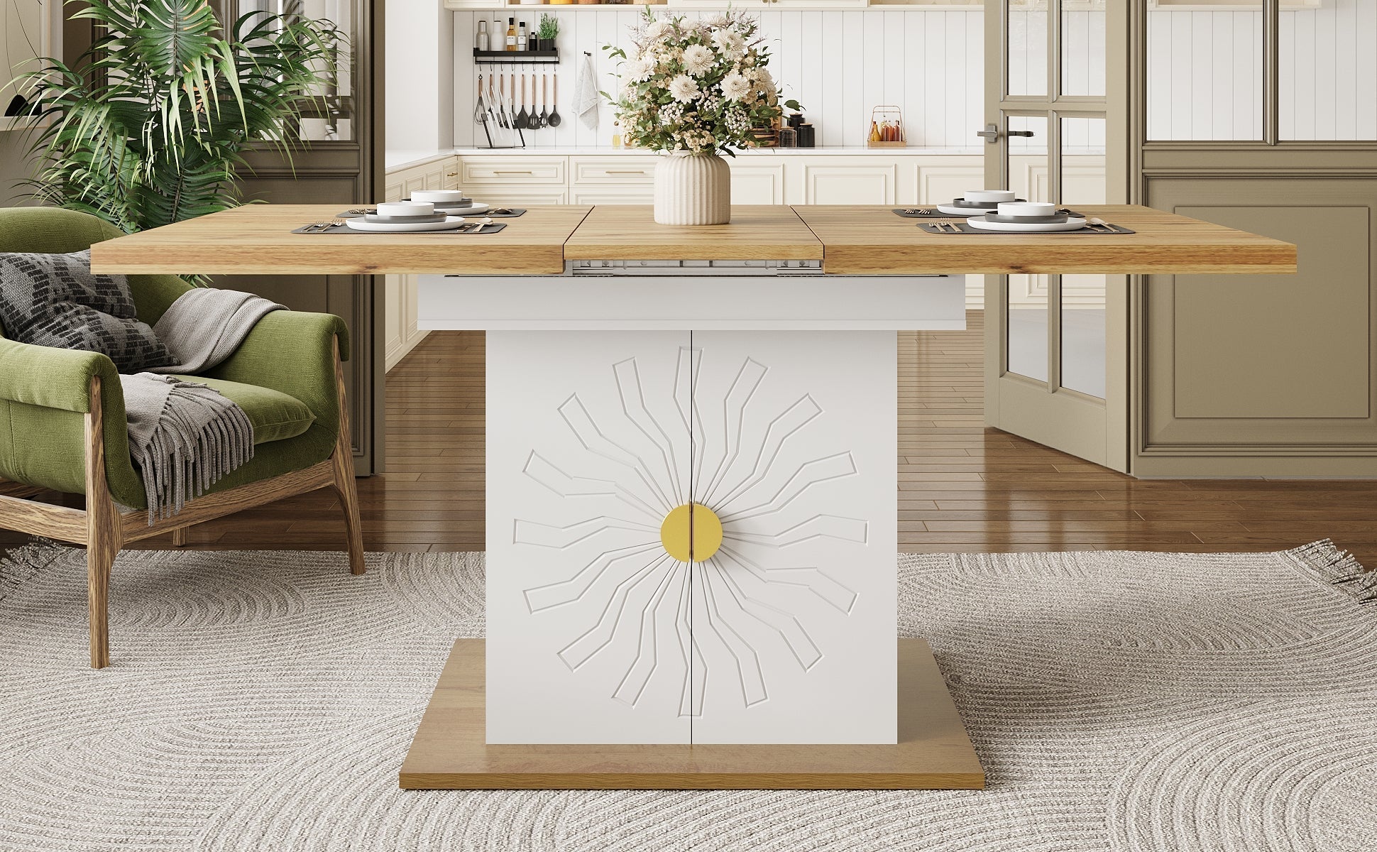 Extendable Dining Table with Storage and Sunburst Relief, Wood Veneer