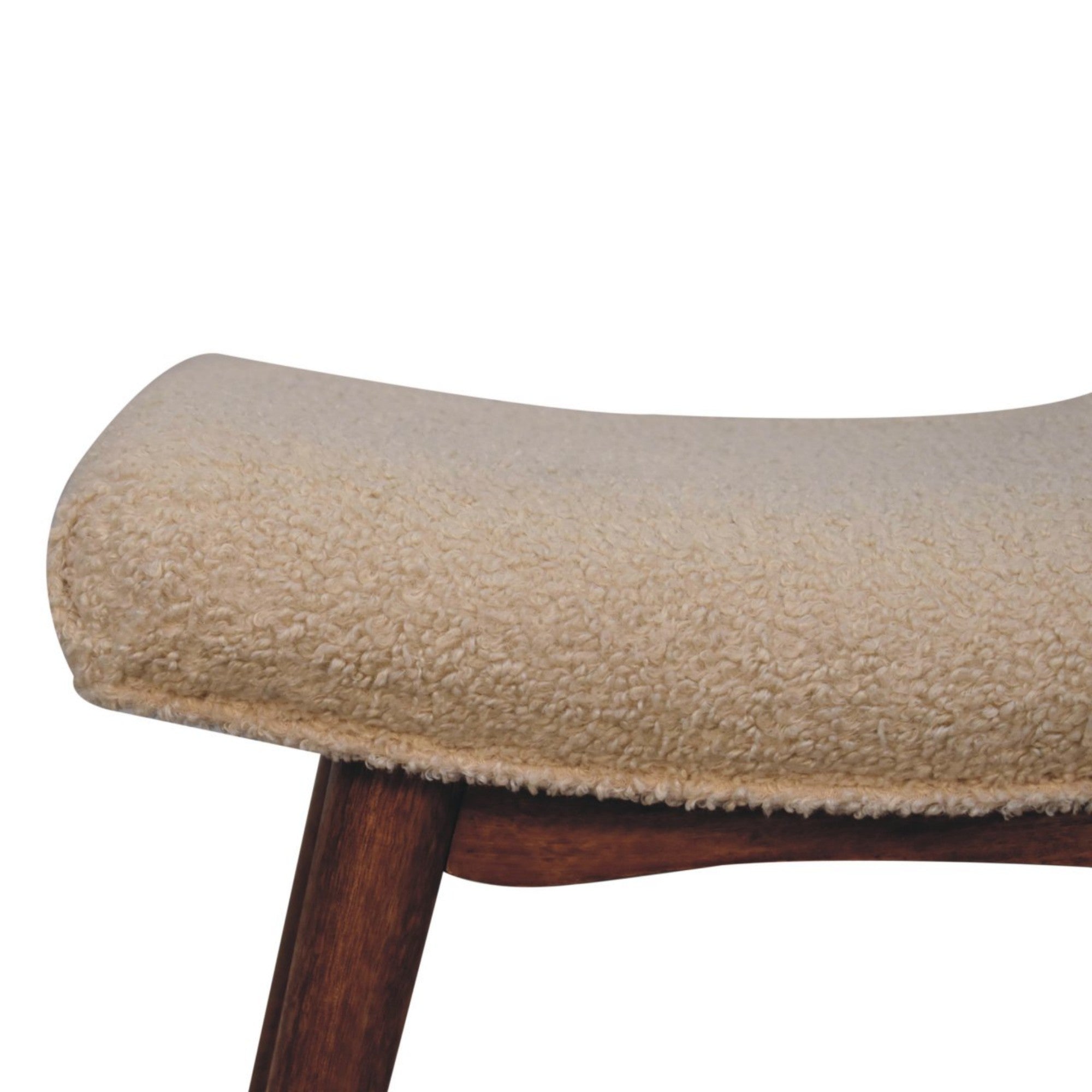 Solid Wood Curved Bench, Upholstered Honey Caramel Boucle Cream