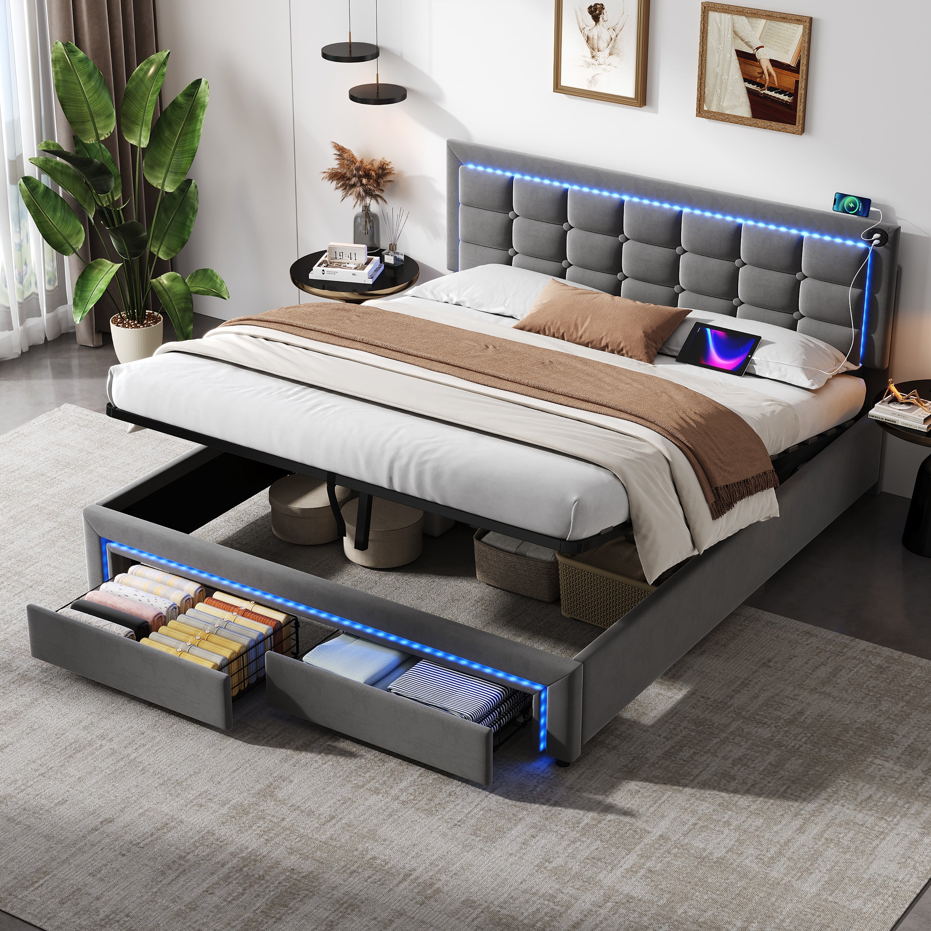 4ft6 Double Upholstered Bed Frame, Hydraulic Storage, LED Headboard, Charging Station, Grey Velvet