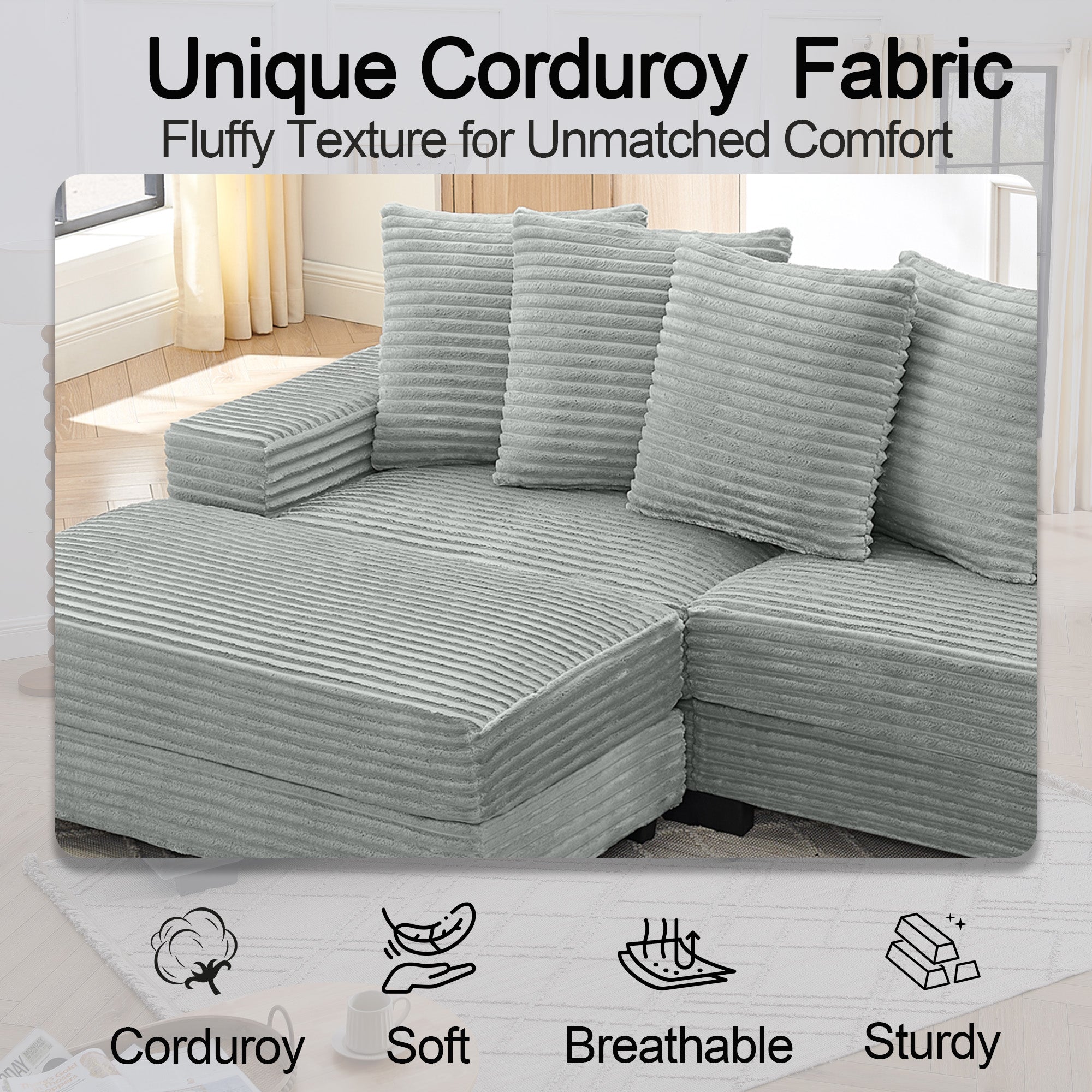 L-shaped Corner Sofa 4-Seater Modular Corduroy with 6 Cushions - Gray